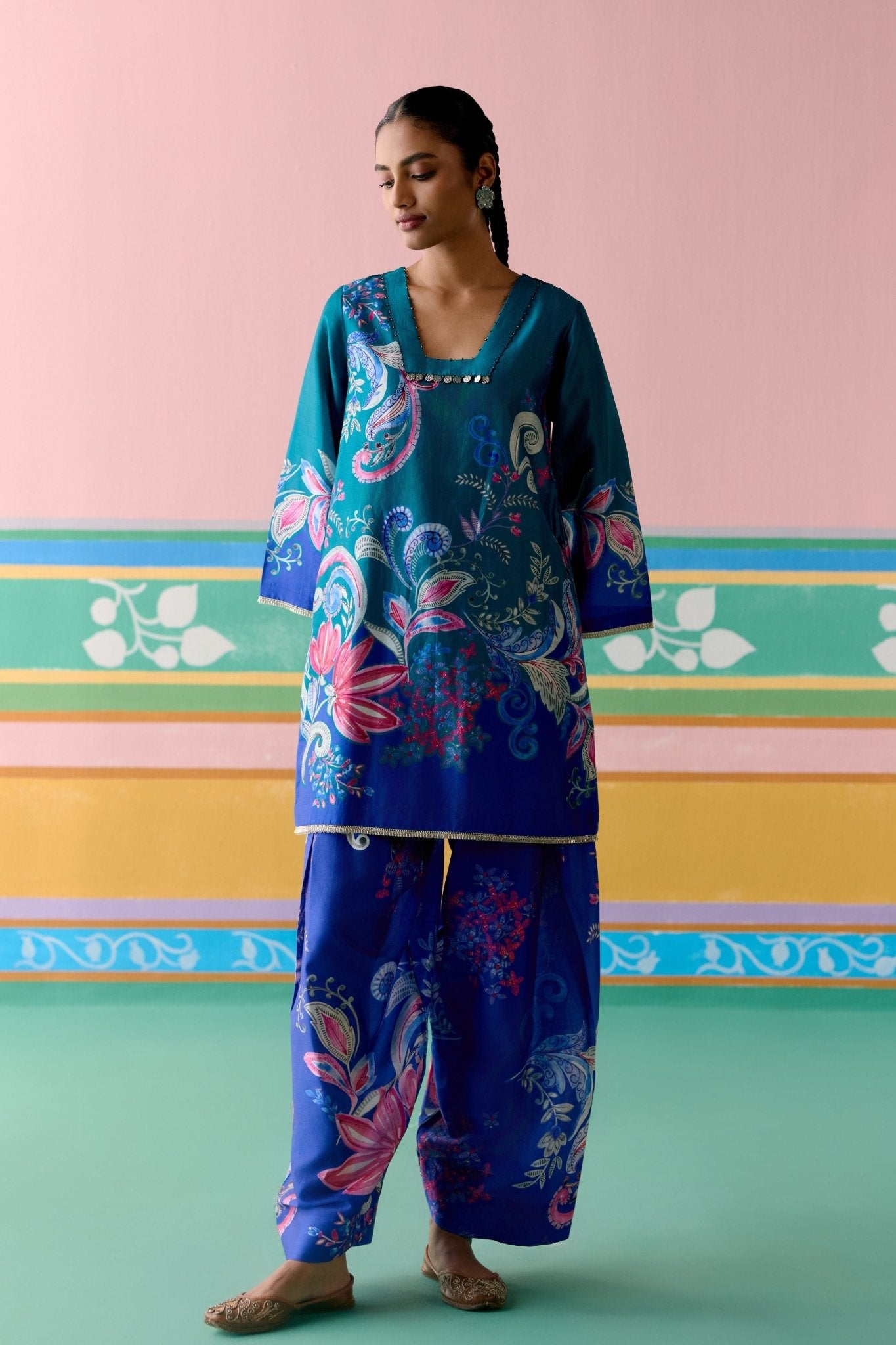 Teal Paisley Kurta Set - Label Mogra - Elahe