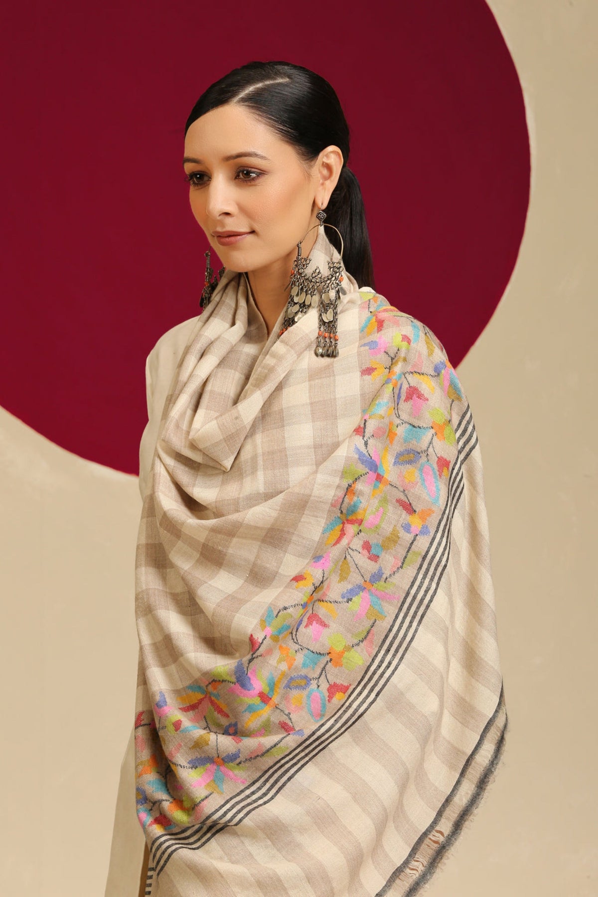 Kani Check Palla Beige Shawl