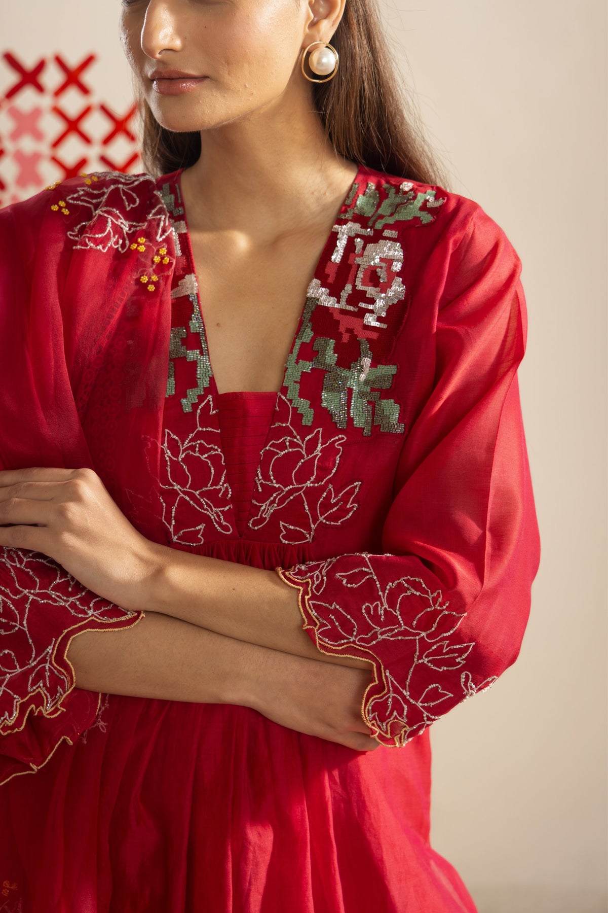 Red Wildflower Kurta Set