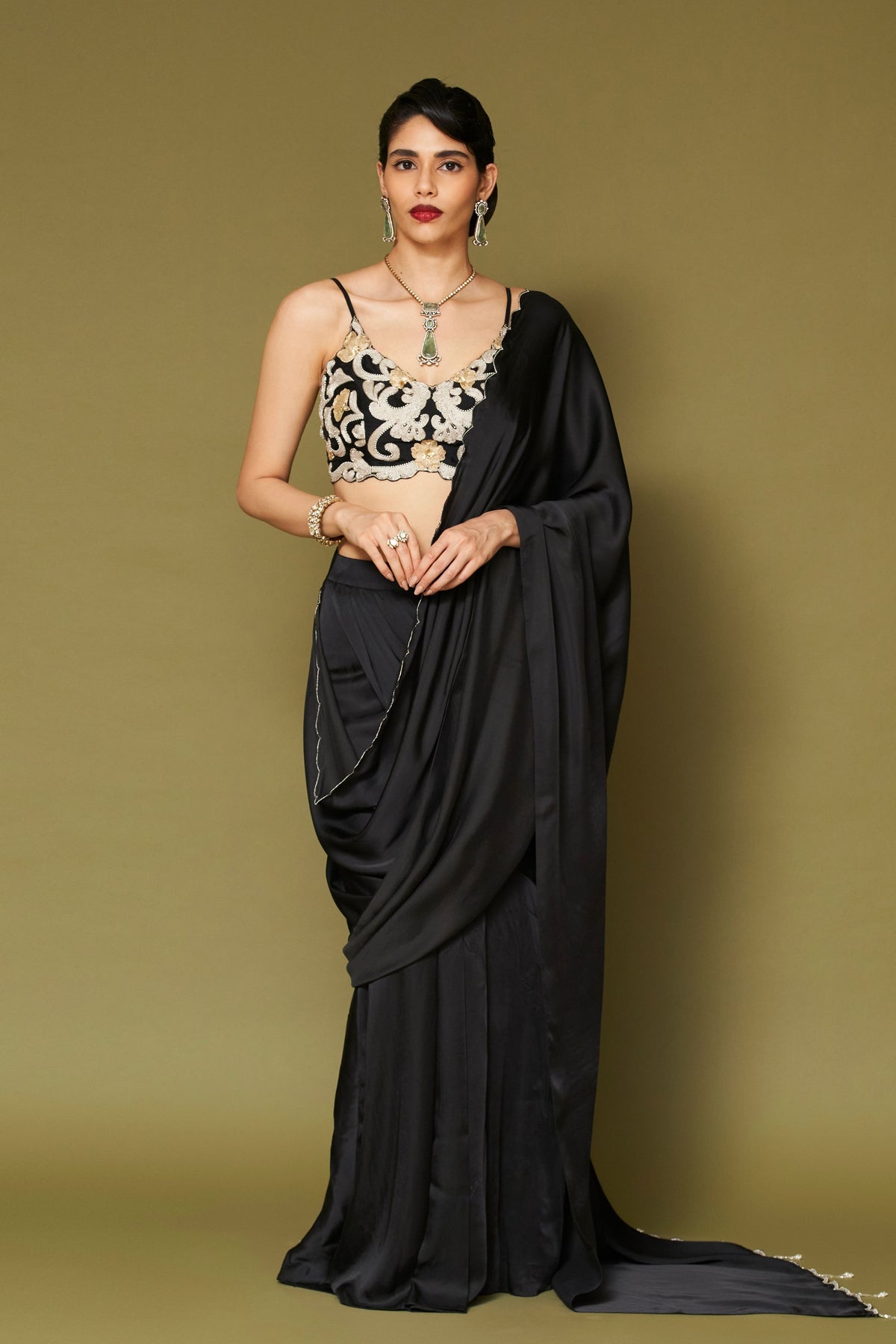 Black Embroidered Pre-draped Saree Set