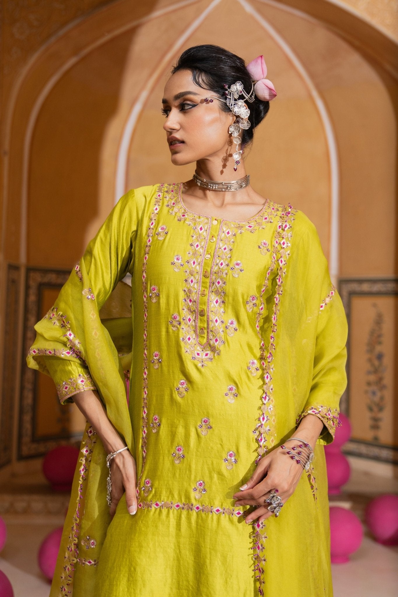 Long Panel Kurta Set - Pink City - Elahe