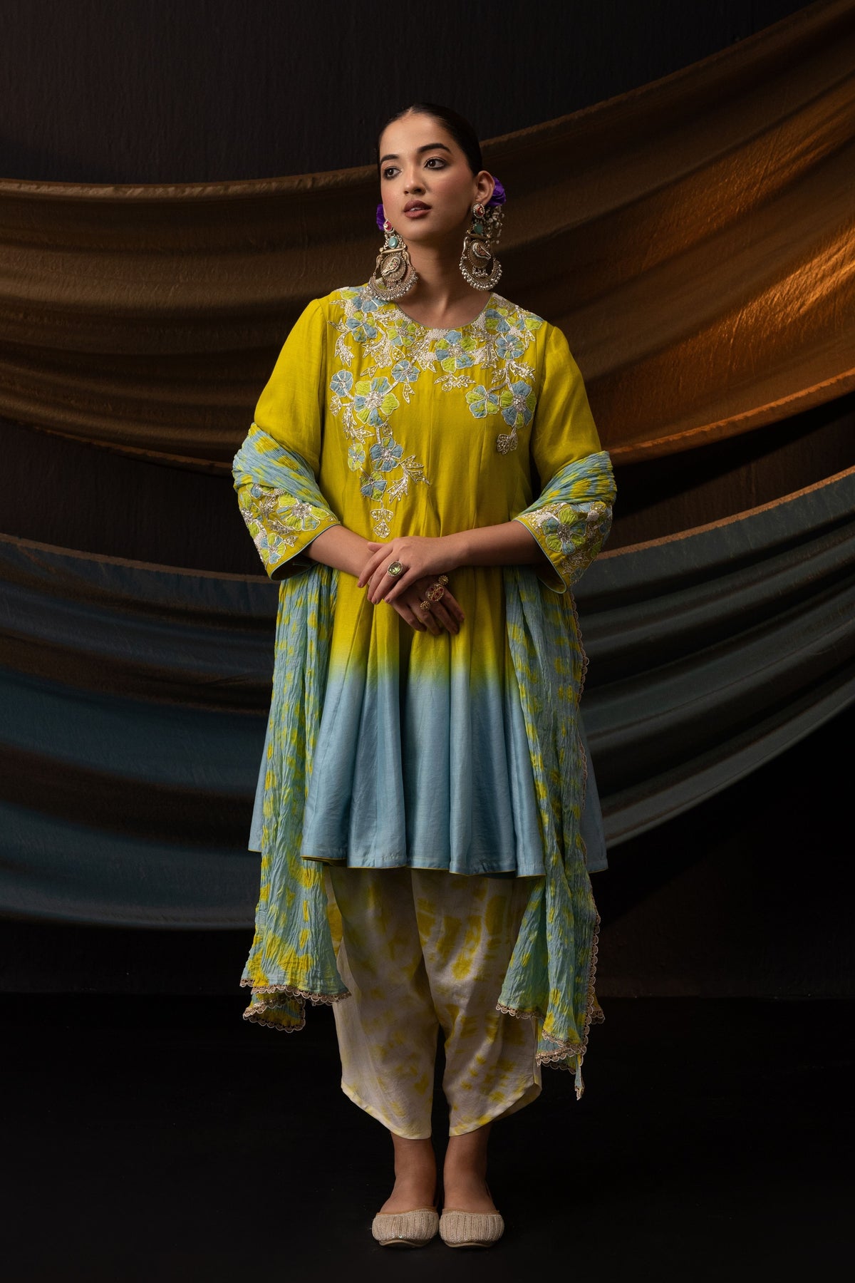 Green Blue Ombre Short Anarkali Set