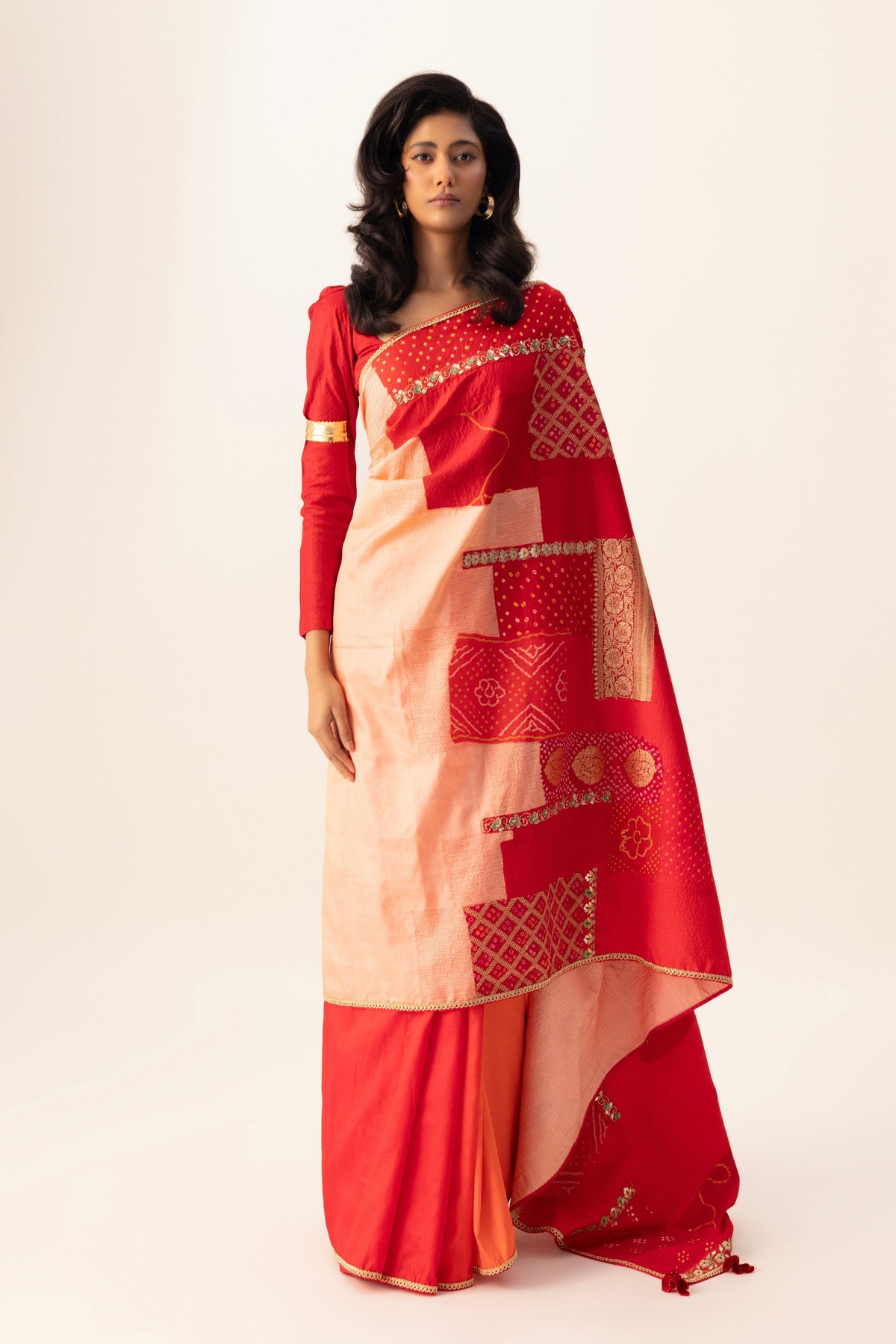 Red Bandhani Patchwork Saree set