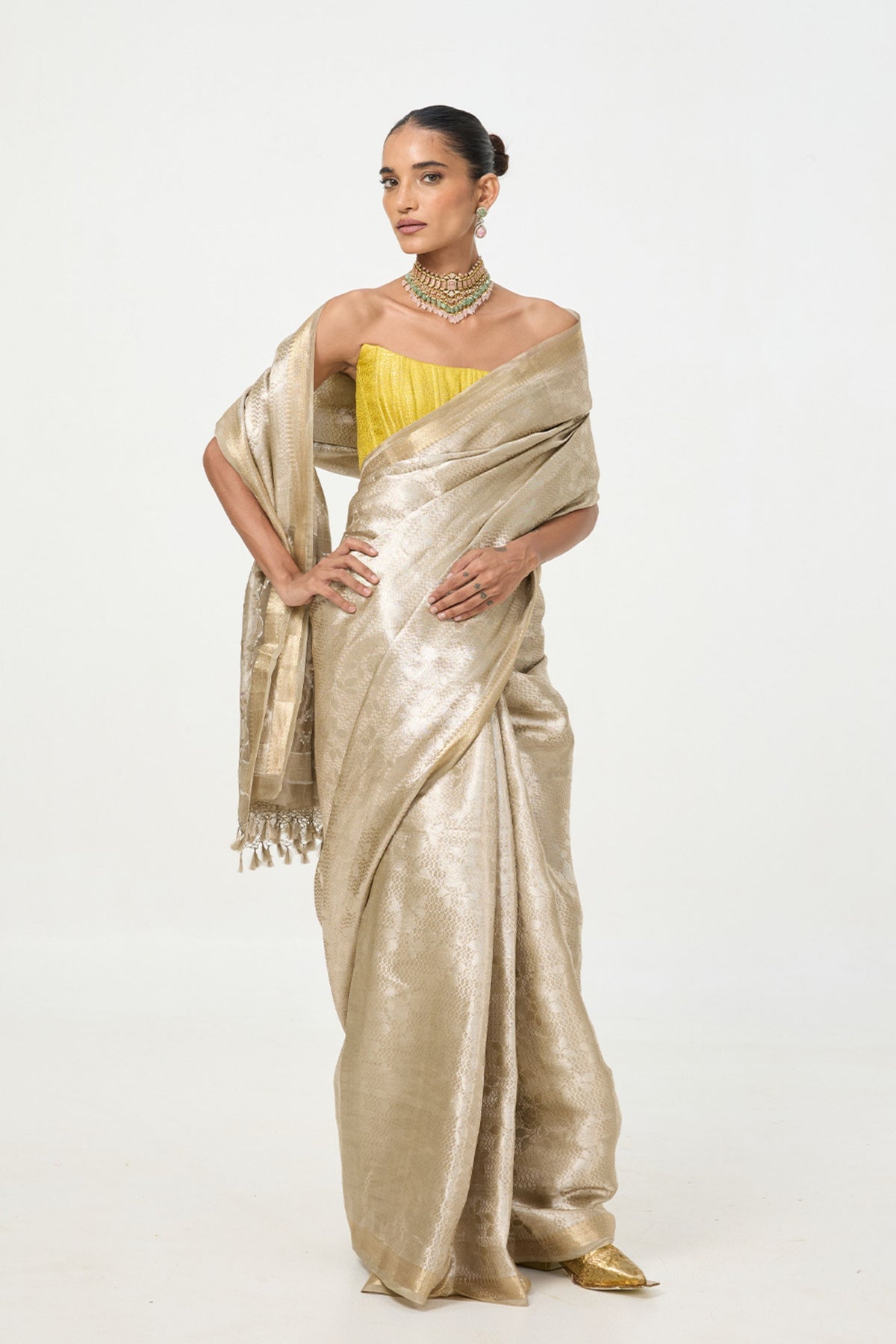 White & Gold Tissue Saree