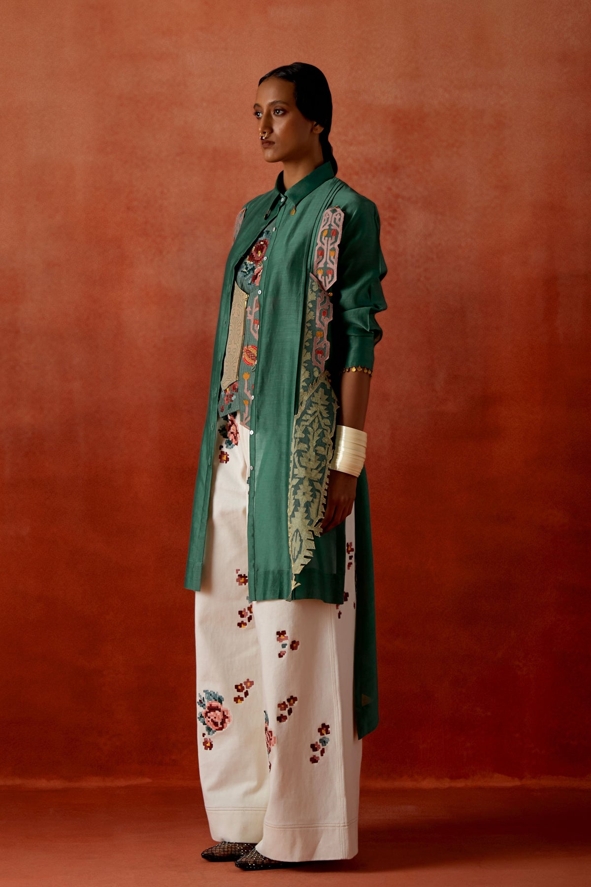 Teal Embroidered Jacket Set