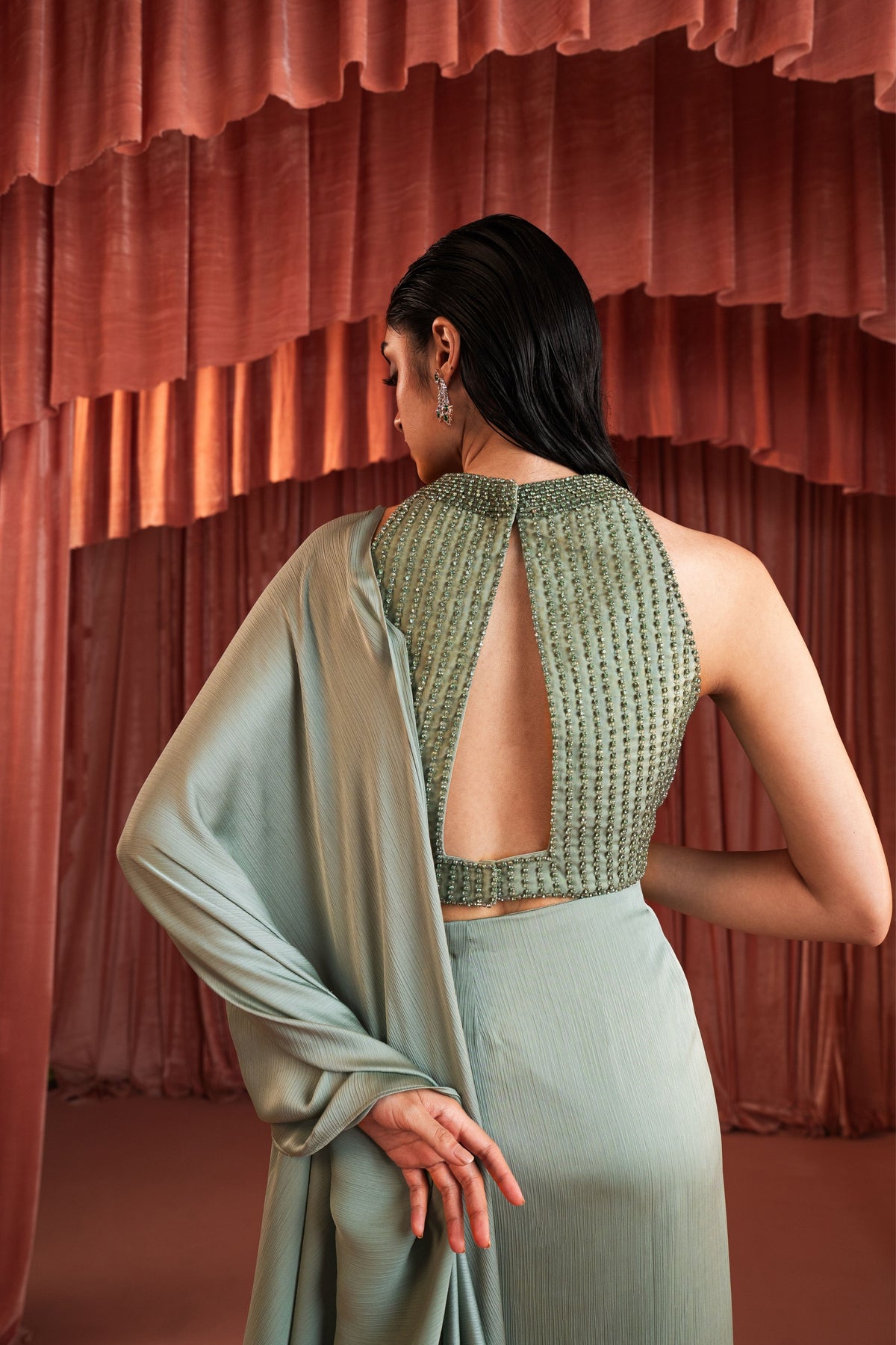 Sage Green Draped Saree Set