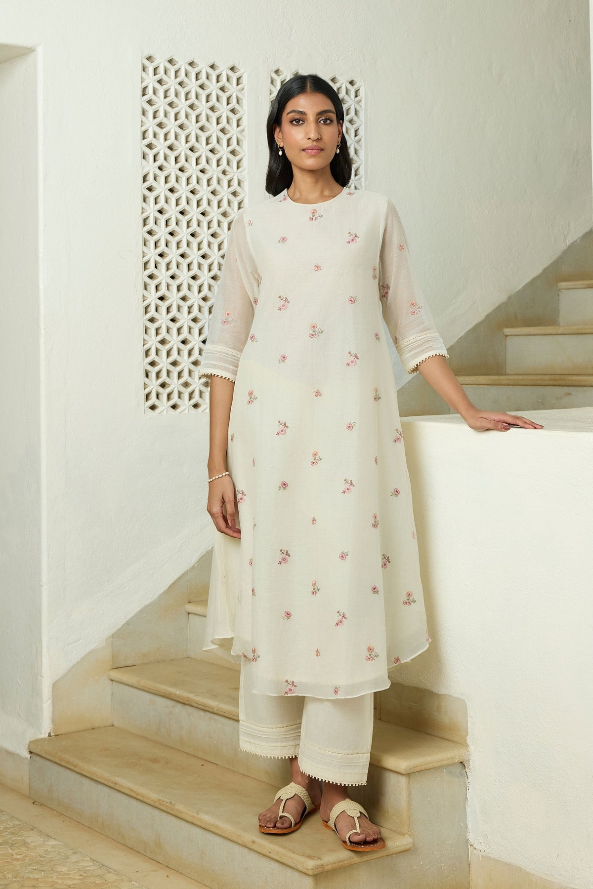 Ivory Floral Embroidered Tunic Set