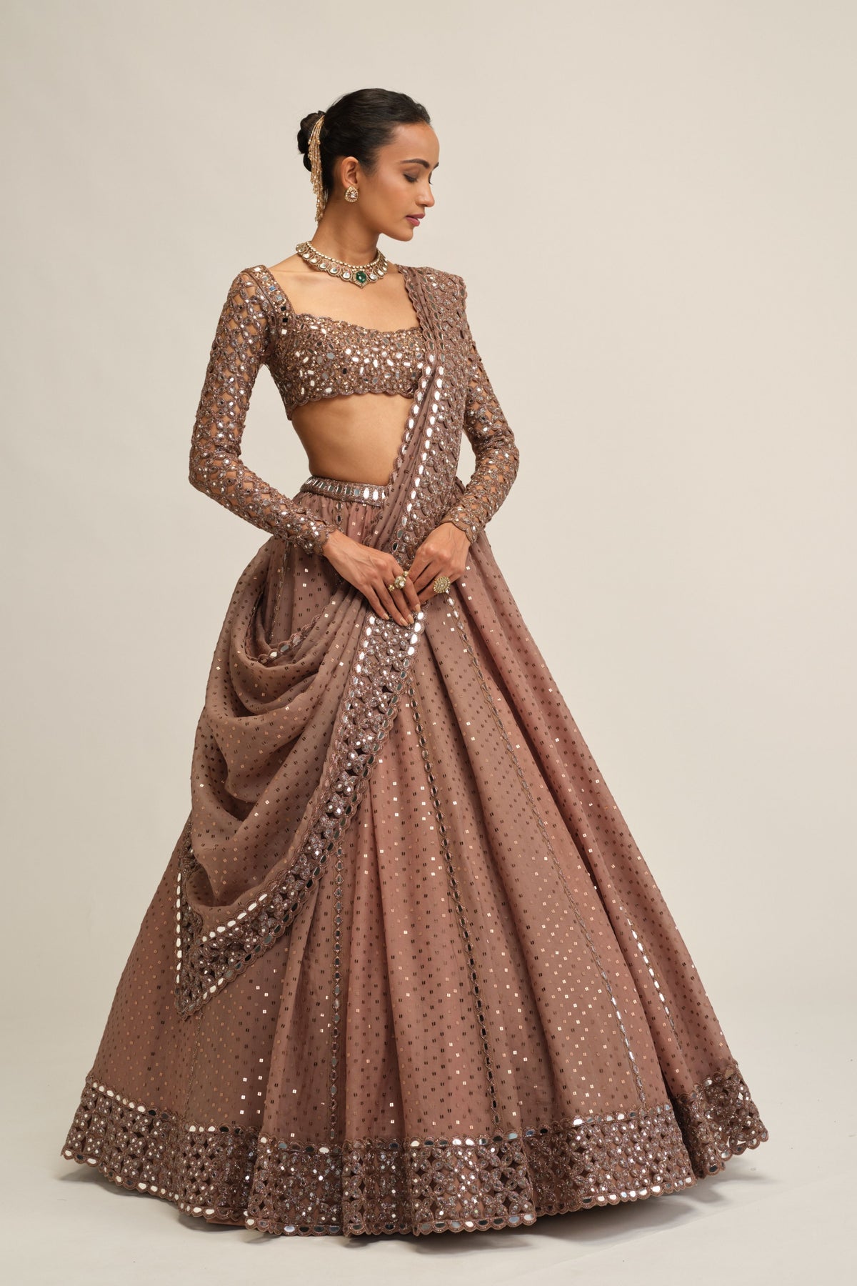 Beige Embroidered Lehenga Set