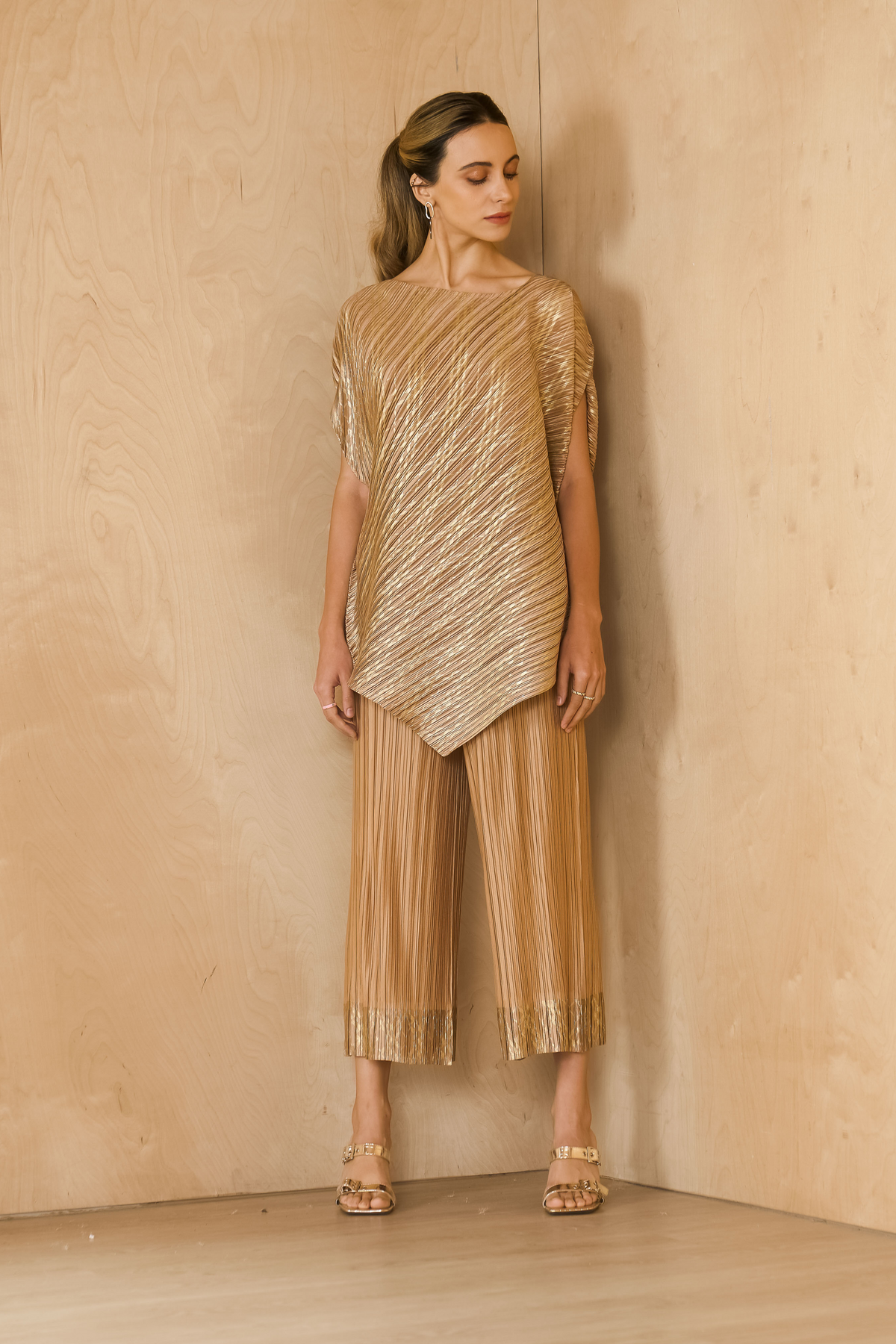 Gold Metallic Kurti Drape Set