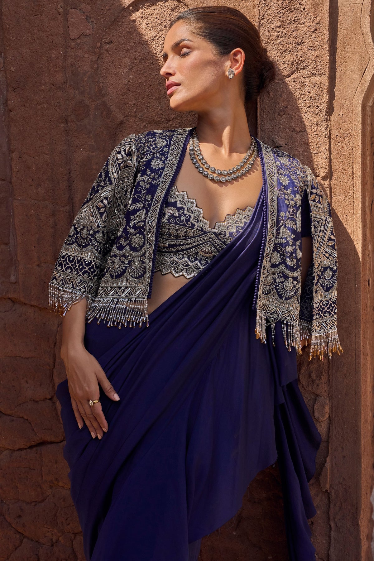Purple Crepe Saree Set