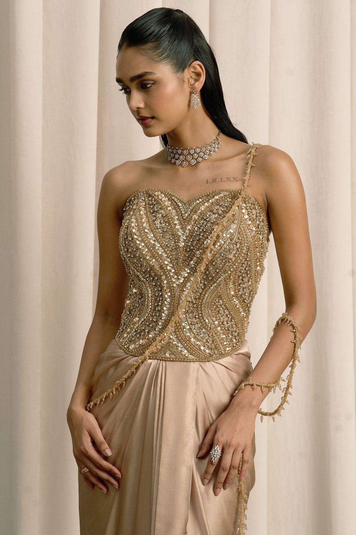Beige Embellished Corset Skirt Set