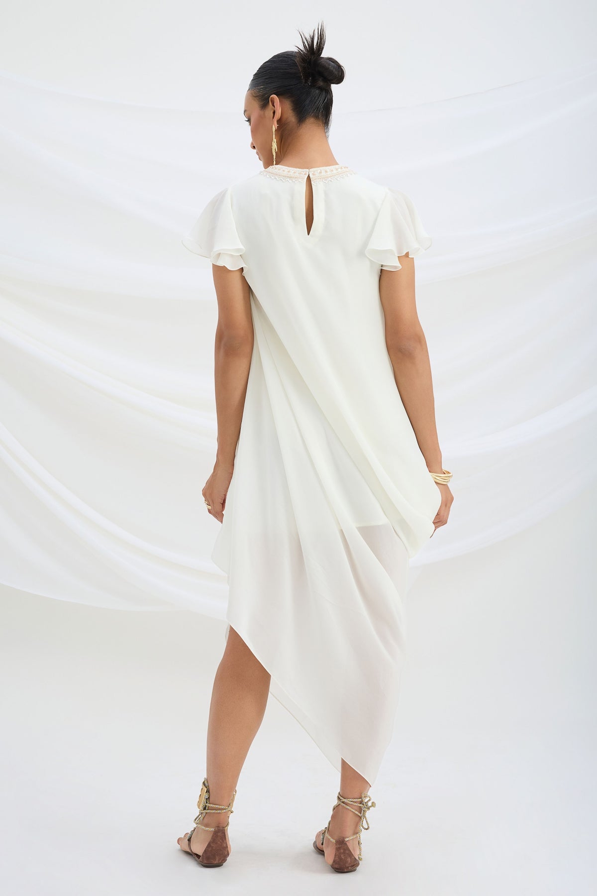 Off White Embroidered Drape Dress