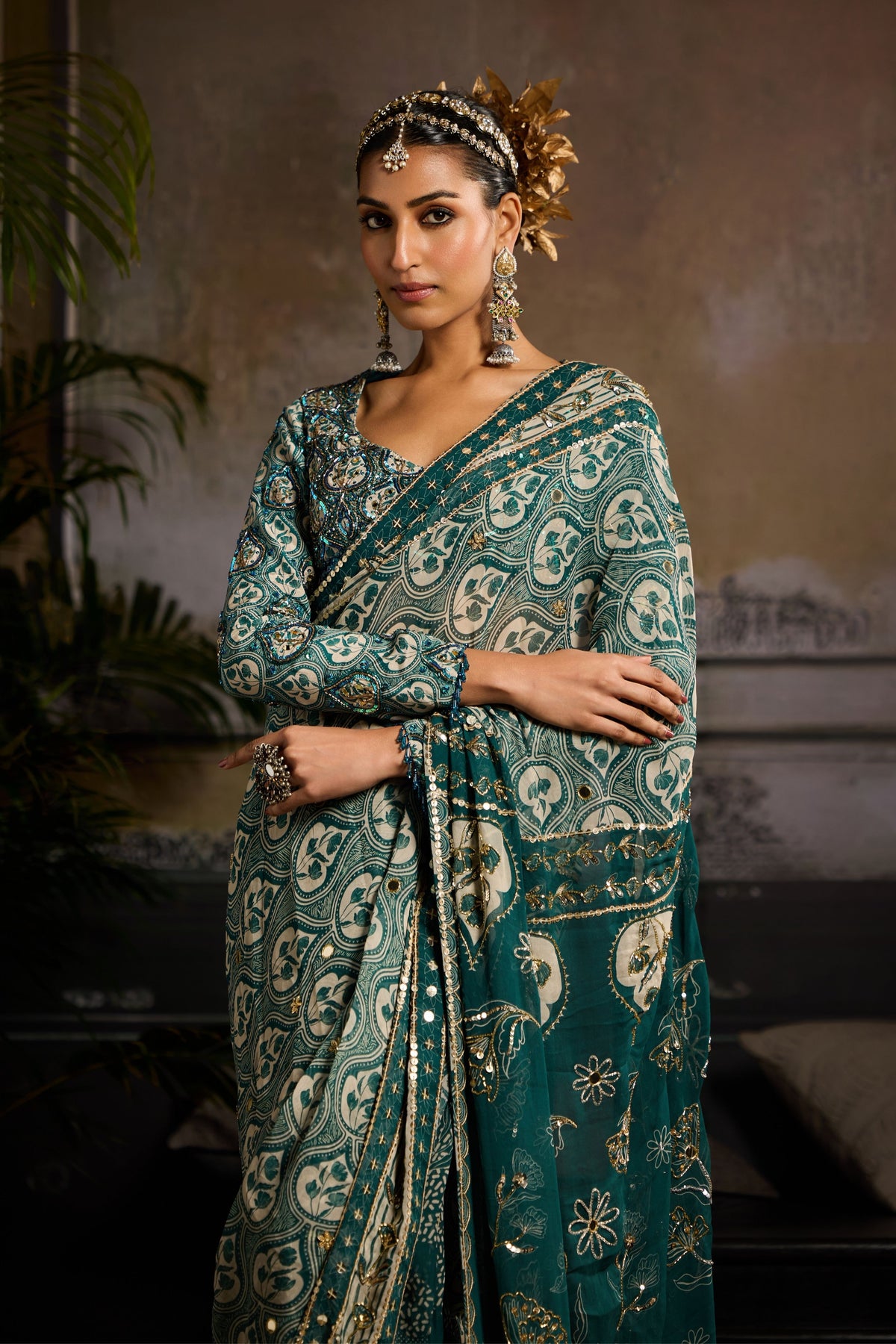 Teal Print Pre-stitched Saree