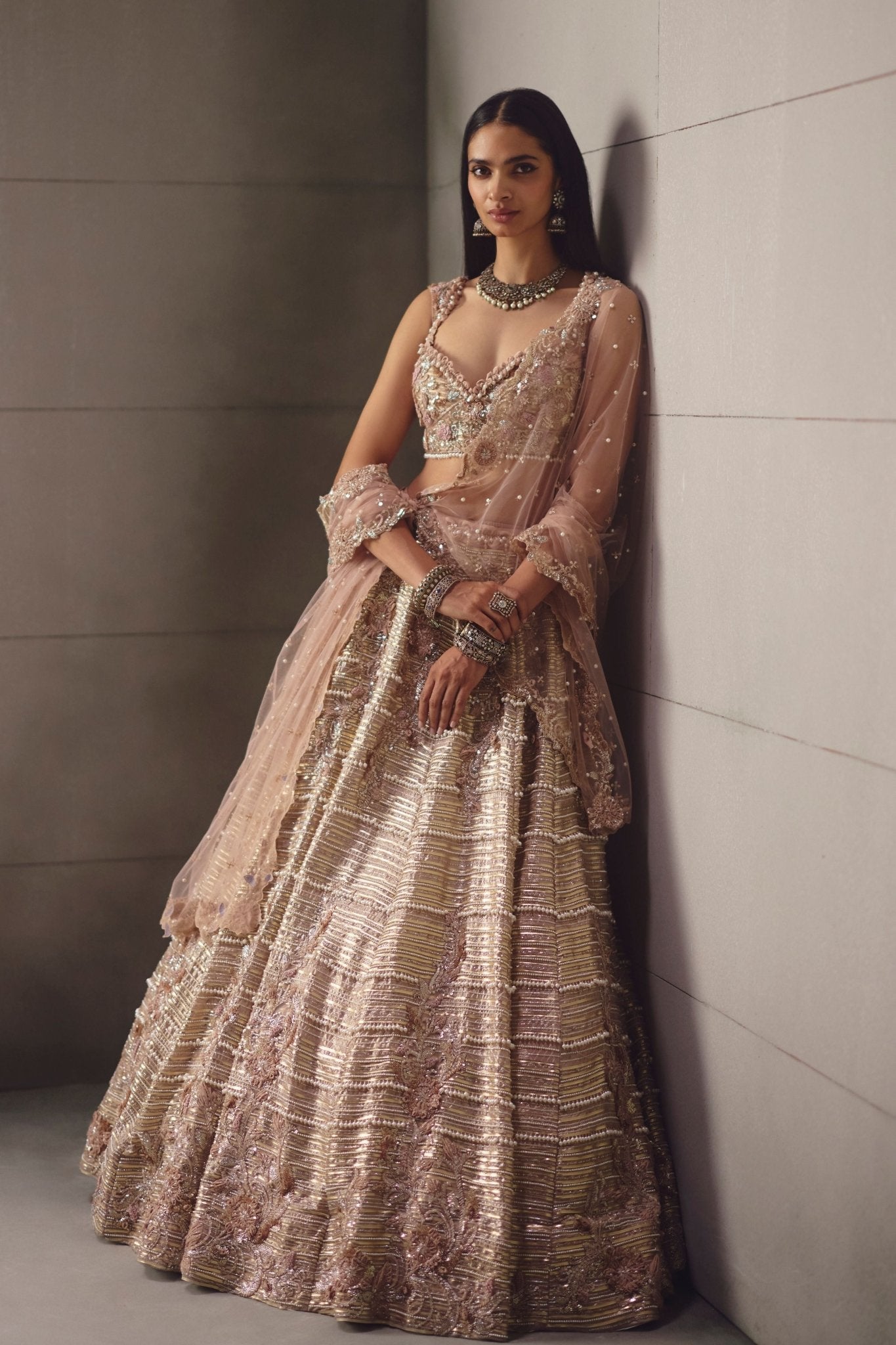 Dusty Pink Embroidered Lehenga Set - Awigna - Elahe