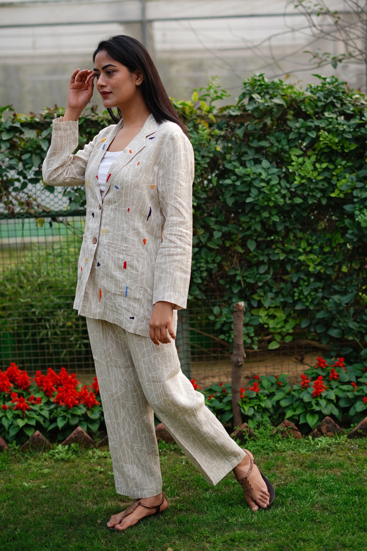 Beige Geometric Print Blazer