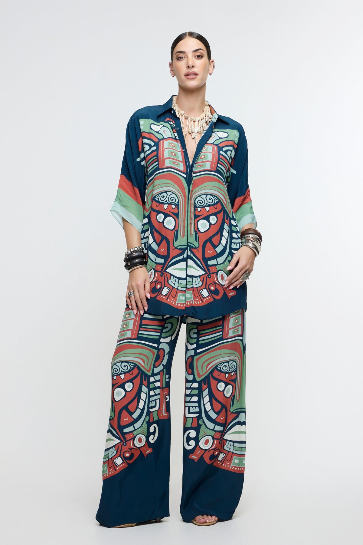 Midnight Blue Printed Mask Trench Coat Set
