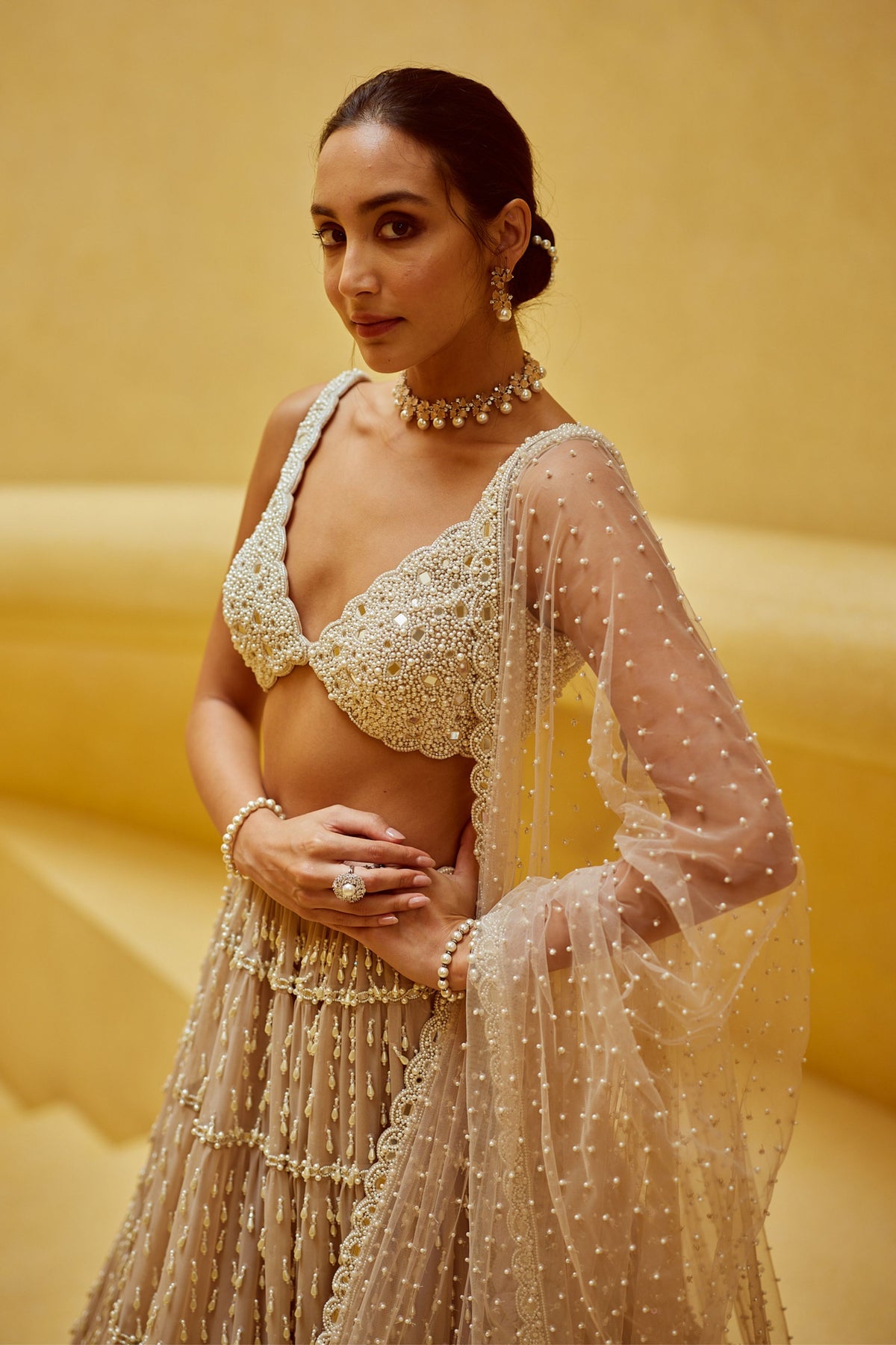 Light Beige Multi Tier Lehenga Set