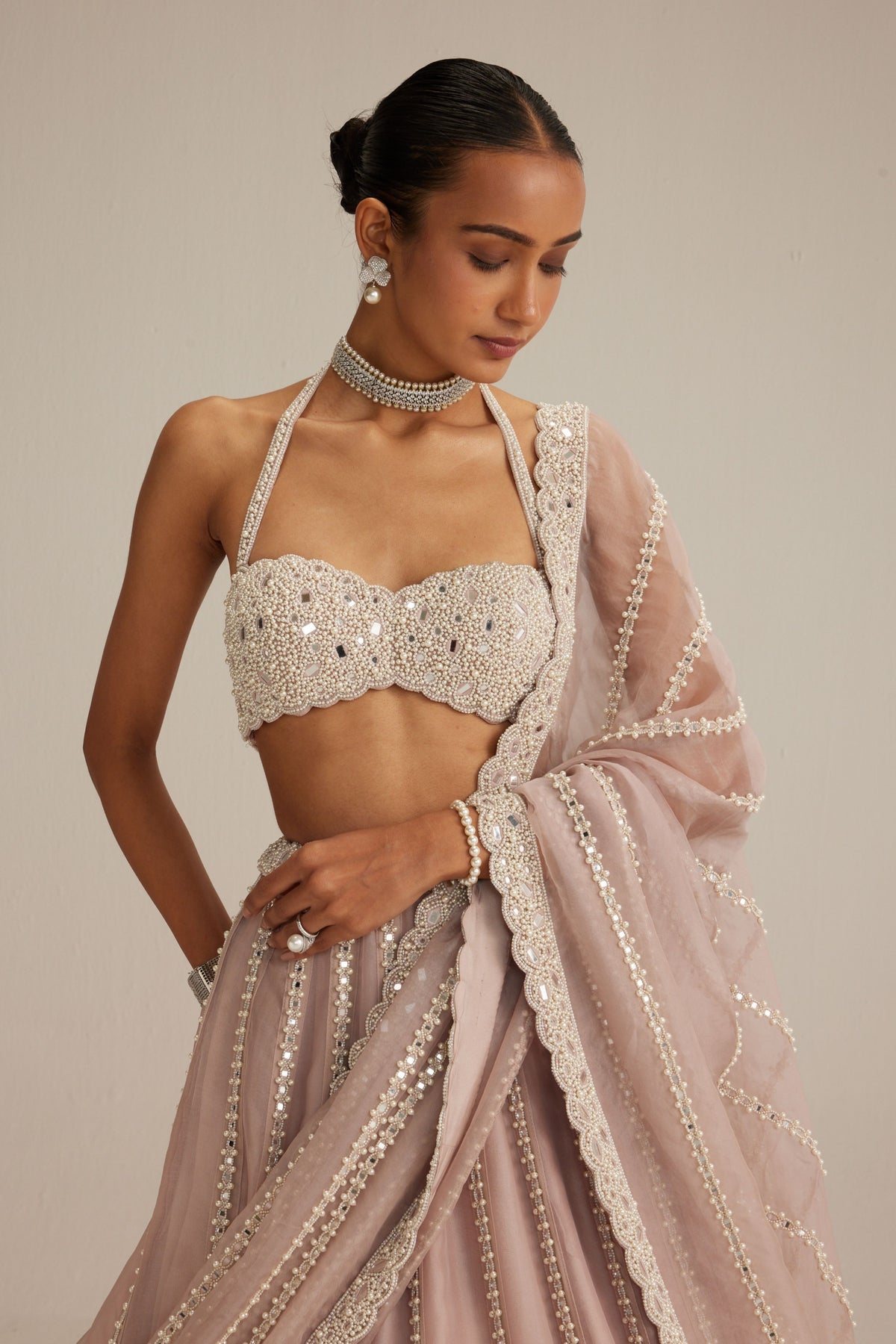 Ash Pink Embroidered Lehenga Set