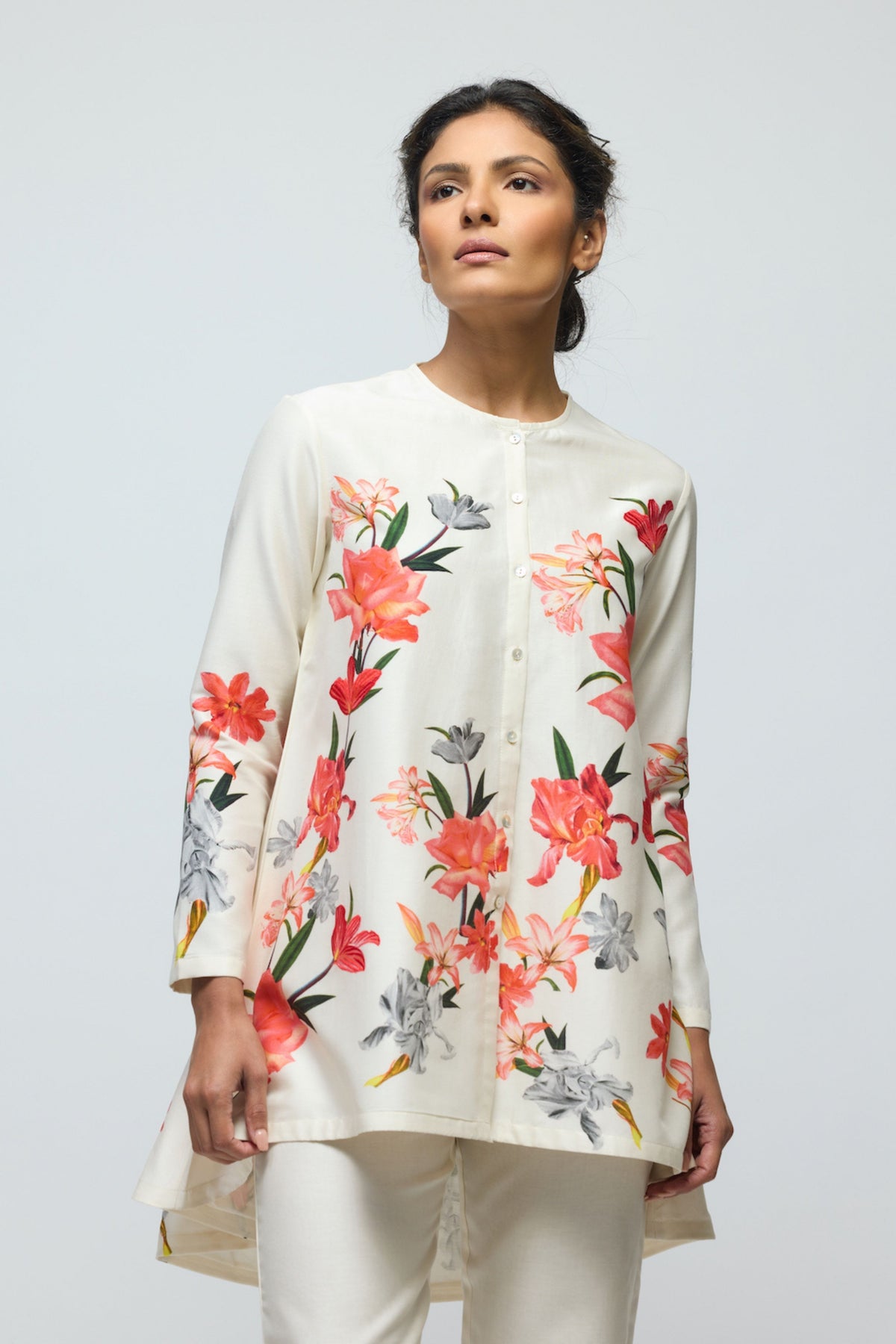 Printed Ivory Chanderi Tunic Set