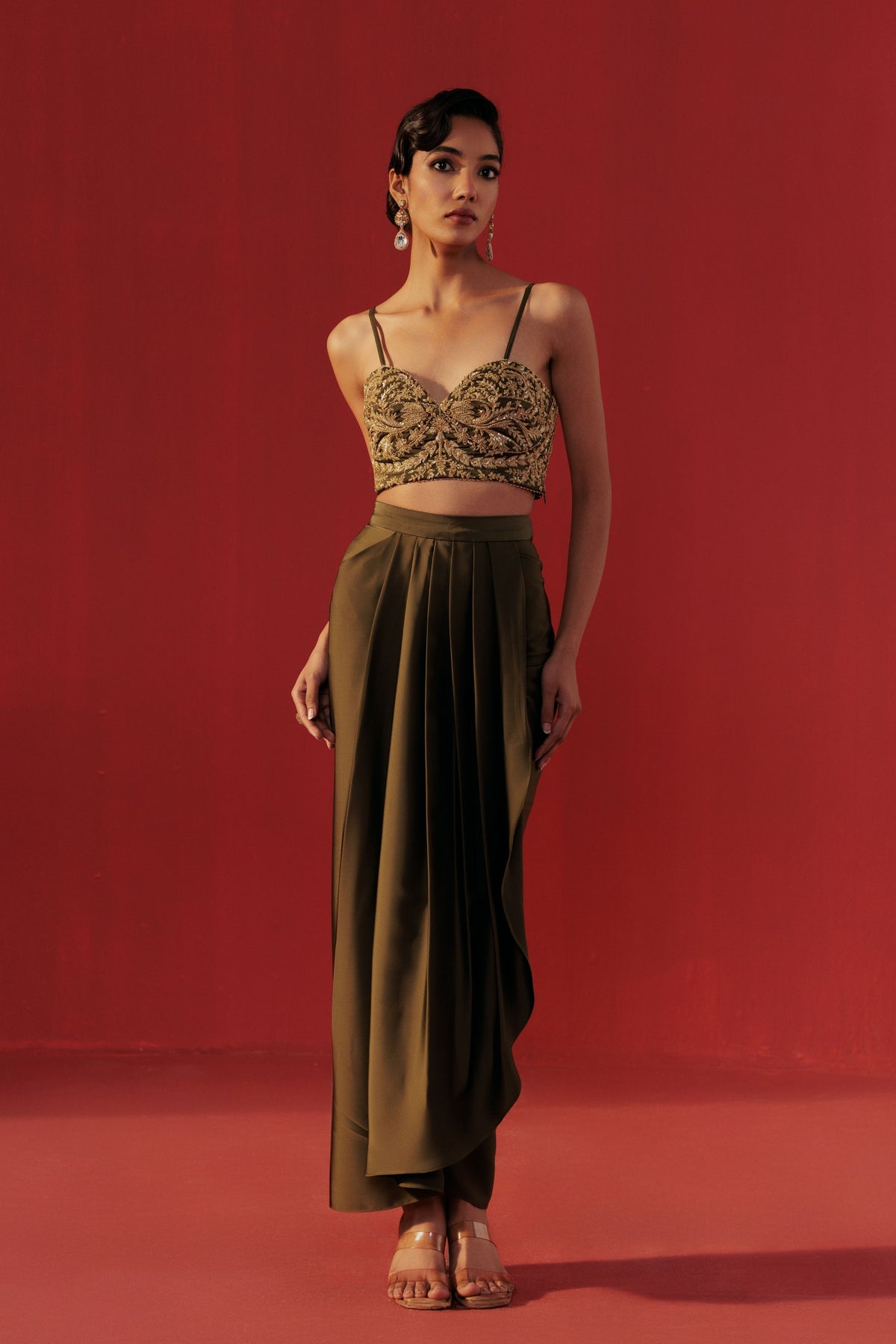 Olive Green Draped Skirt Set