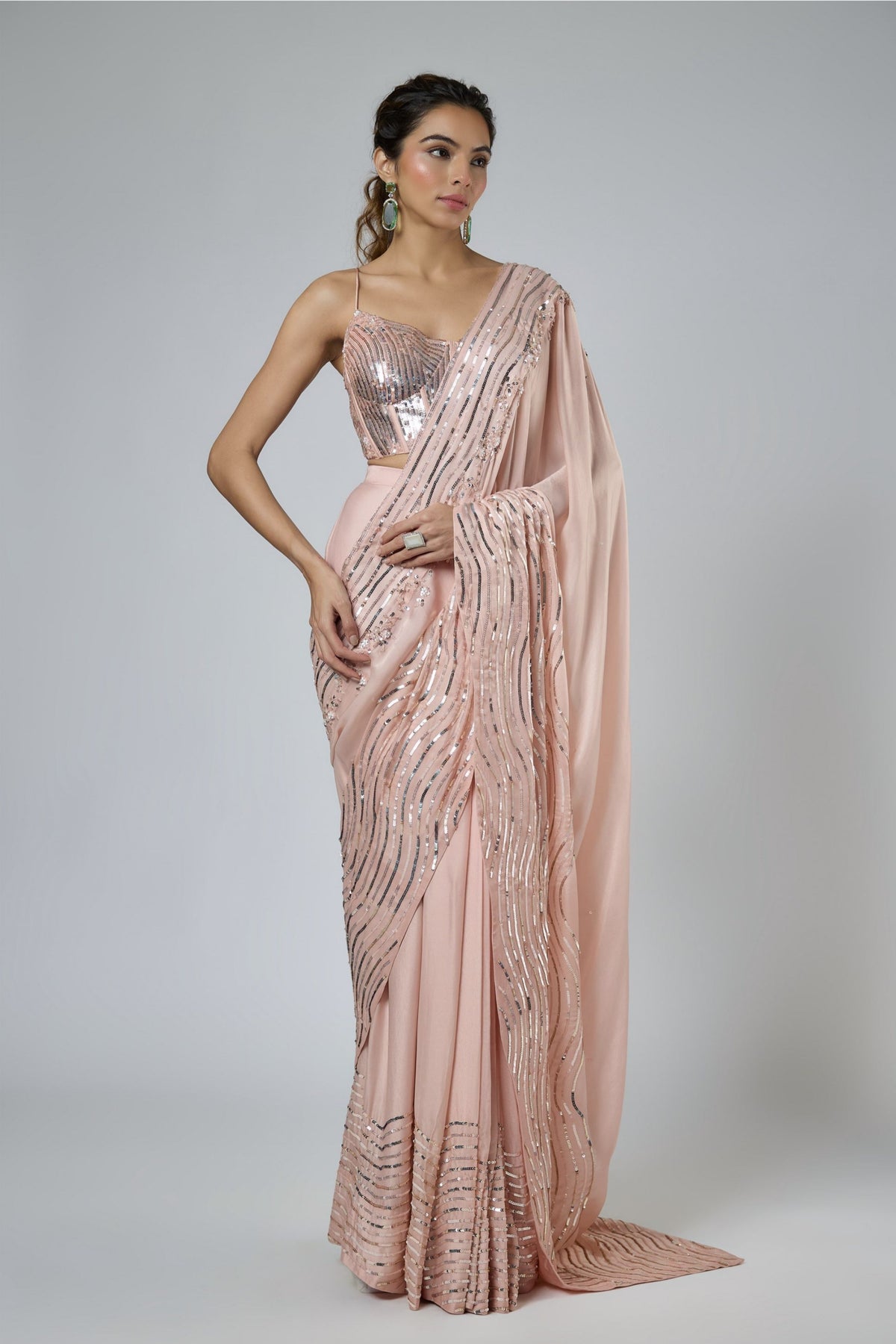 Dark Peach Draped Saree Set