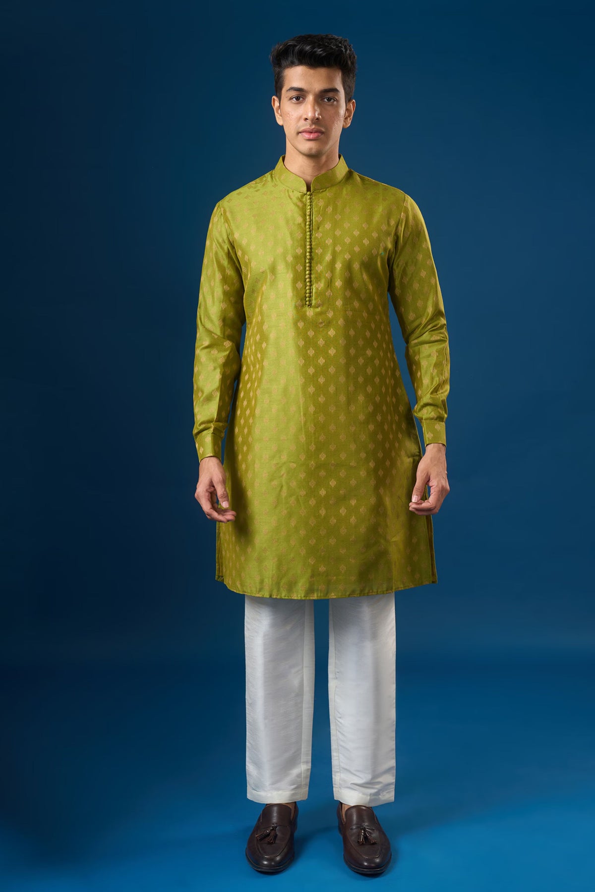 Olive Brocade Kurta-bundi Set