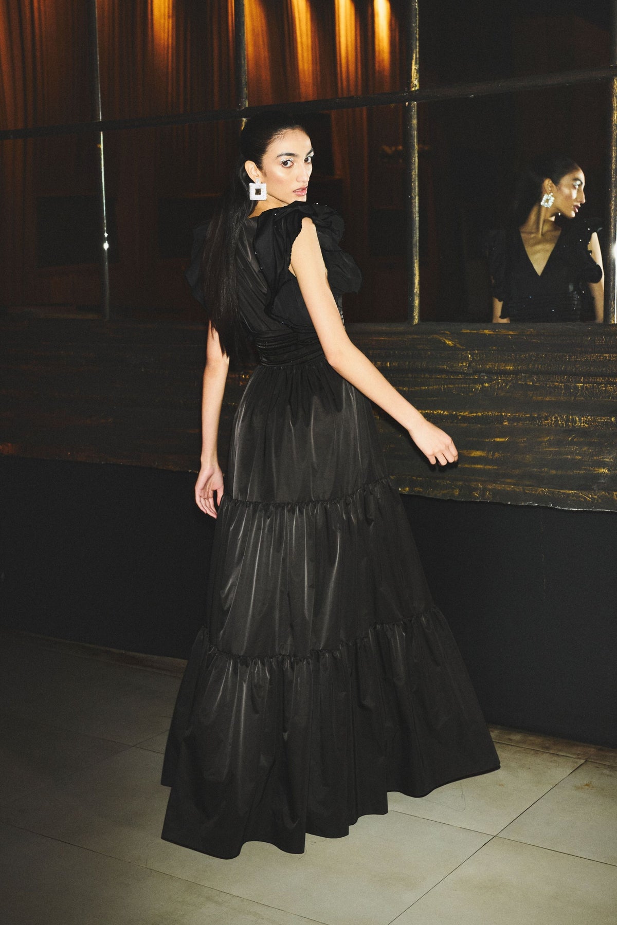 Black Ruffled Tiered Gown