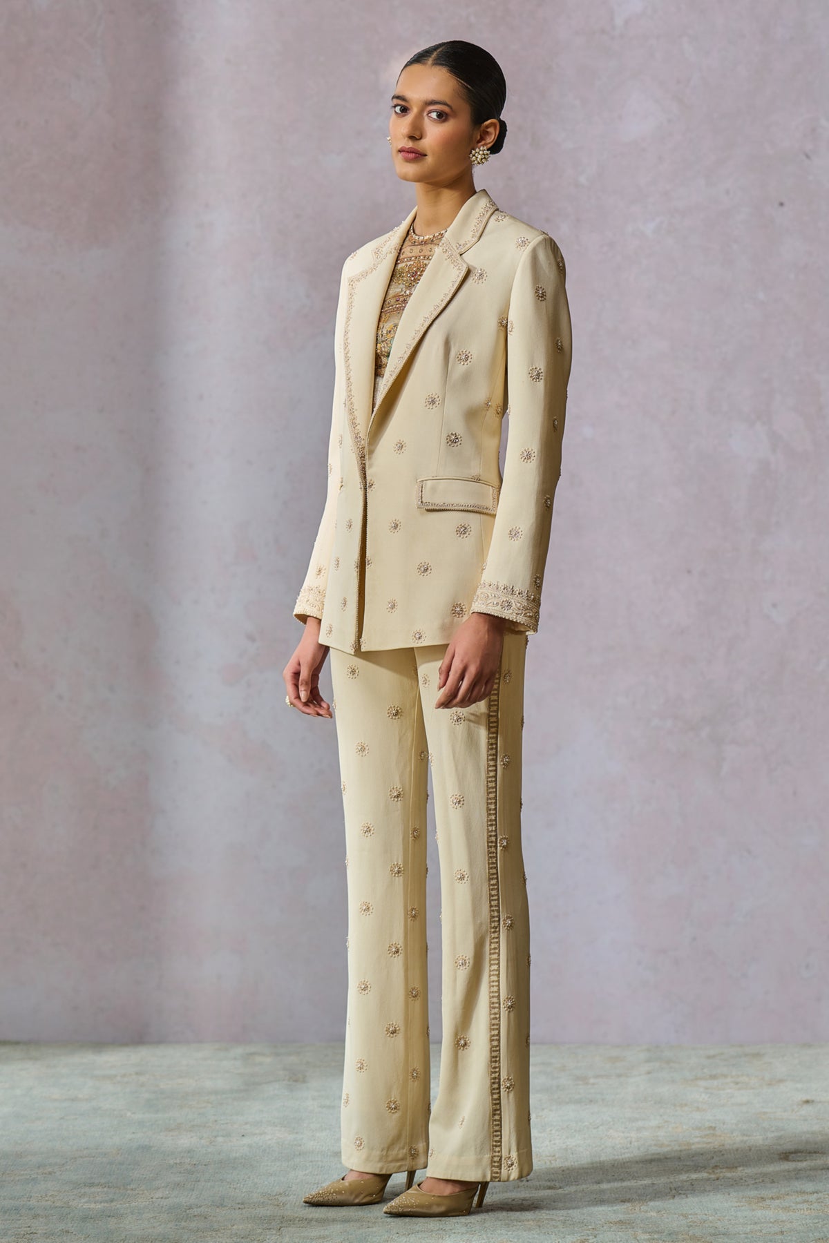 Ecru Hand Embroidered Jacket With Trousers