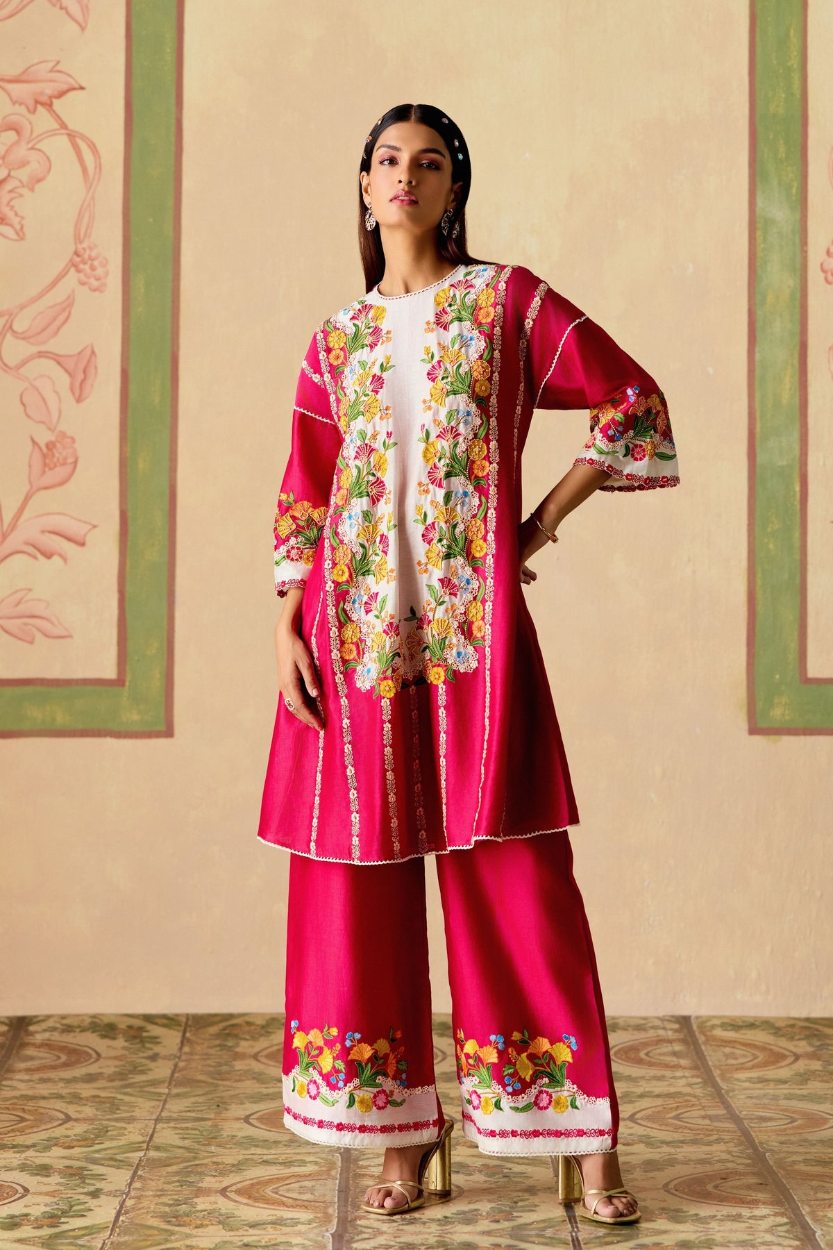 Fuchsia Short Kurta With Pants