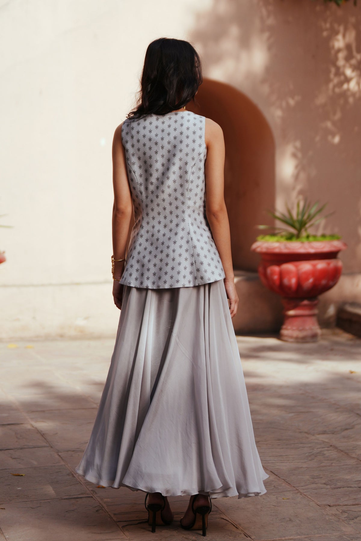 Grey Waist Coat And Skirt Set