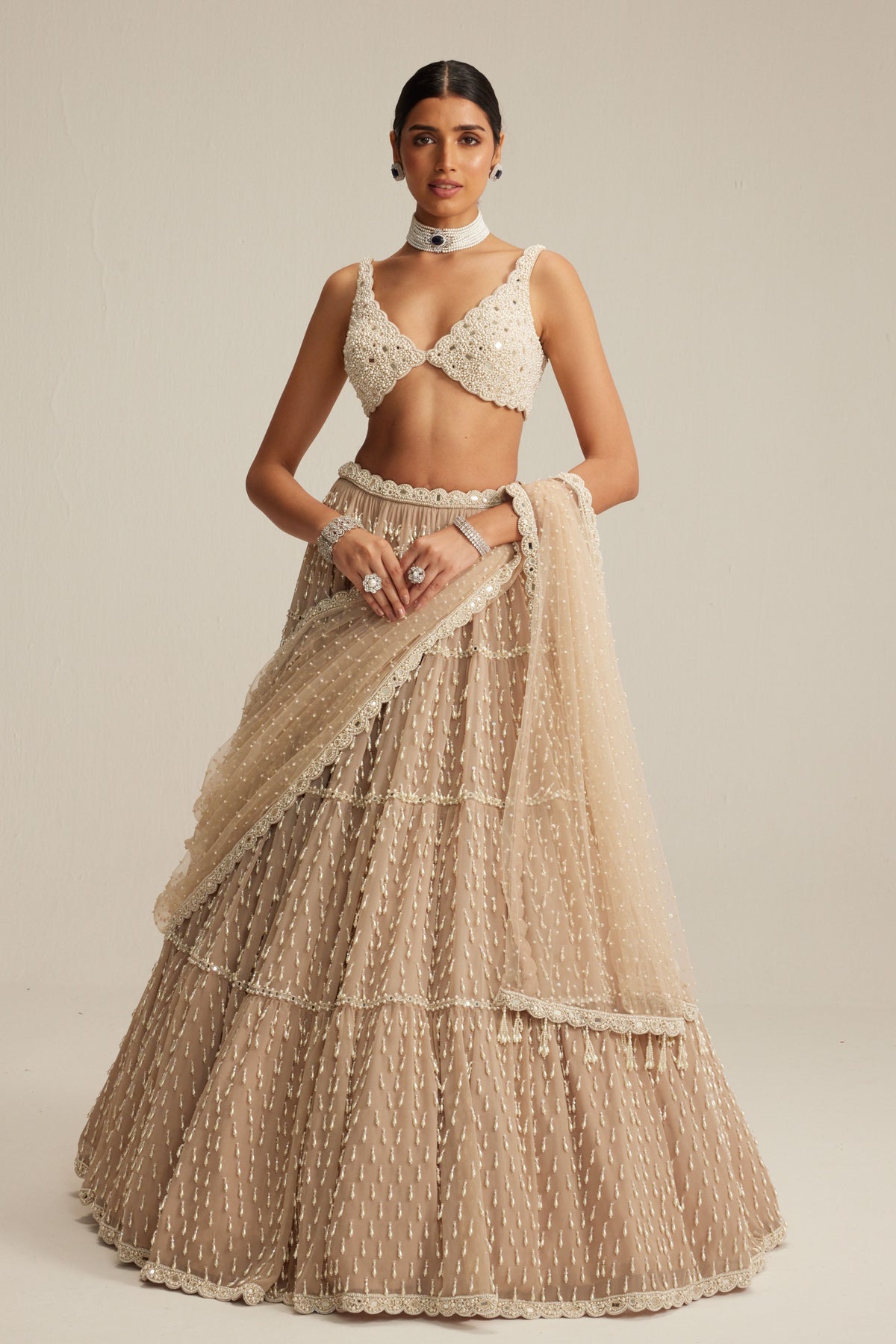 Light Beige Multi Tier Lehenga Set