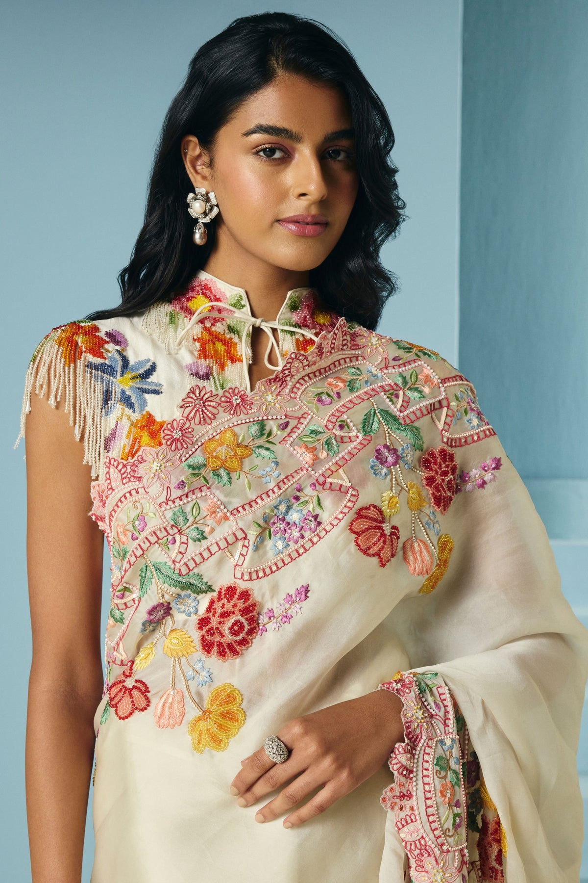 Ivory Floral Beaded Fringe Cape