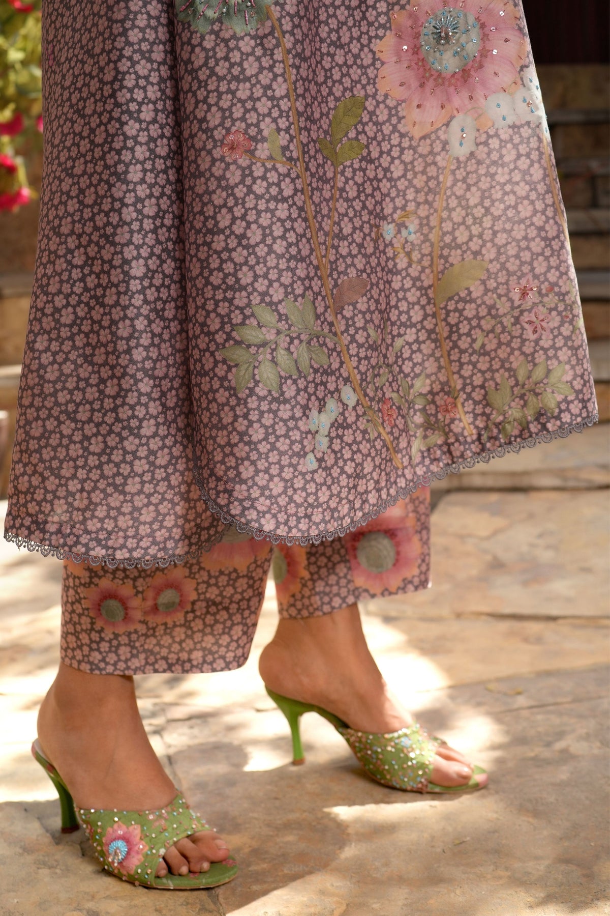 Mughal Phool Kurta Set  in Purple
