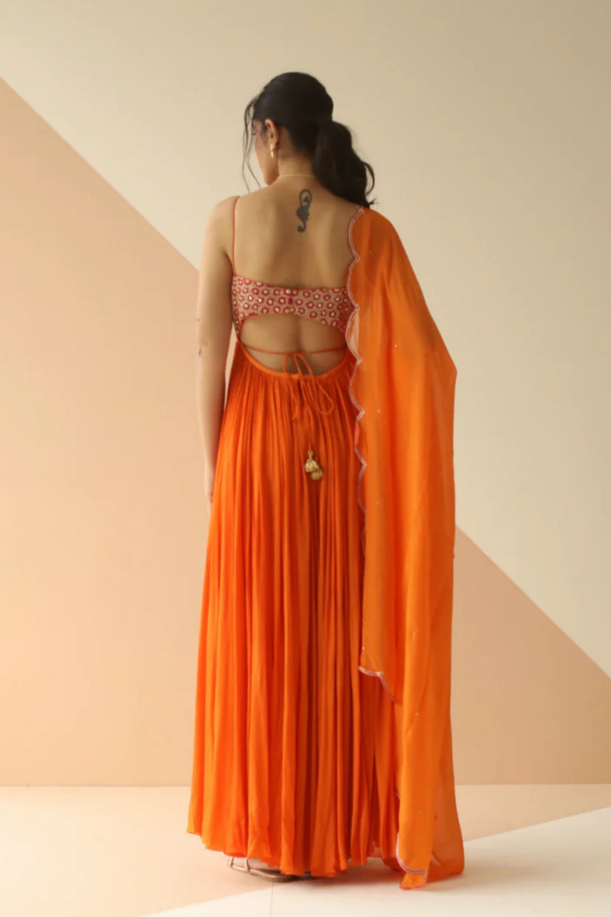 Orange heavy yoke anarkali