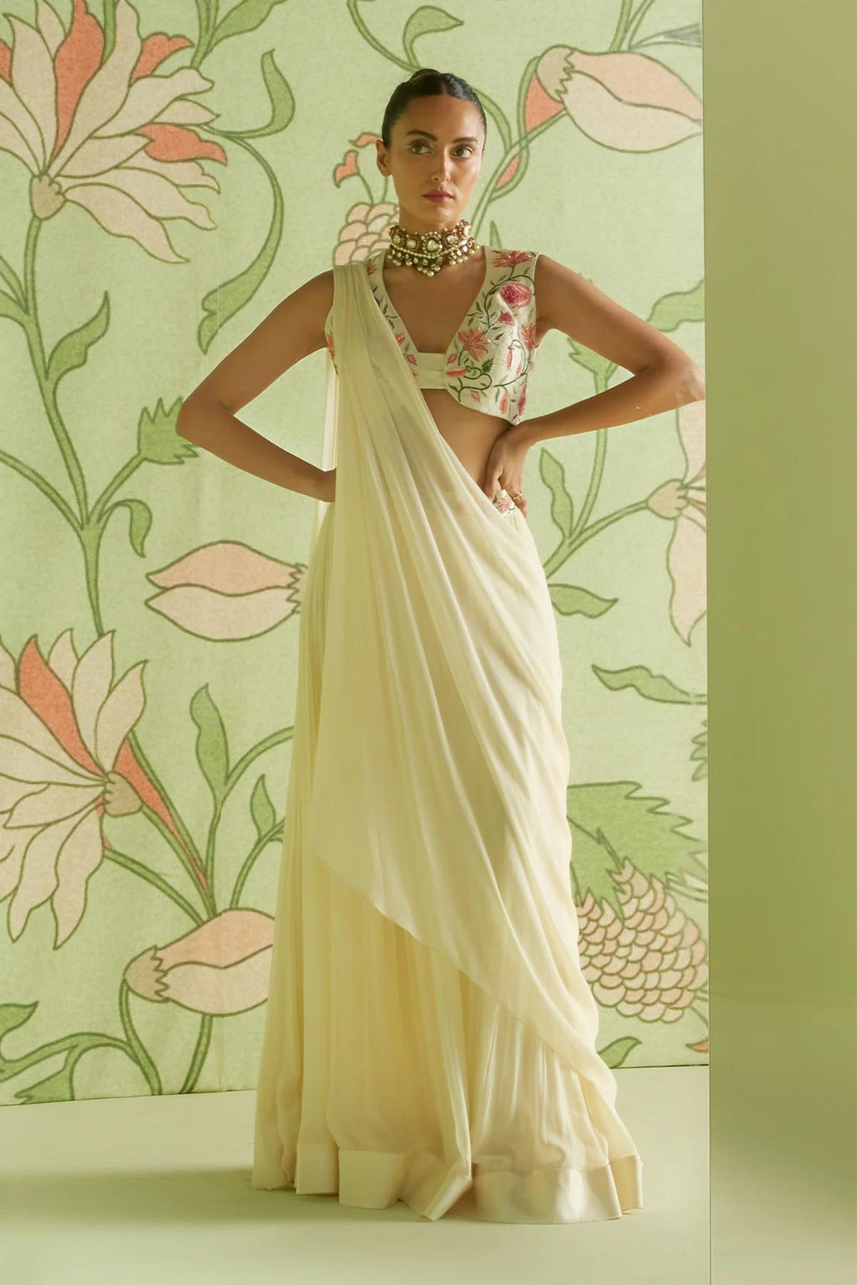 Ivory draped saree