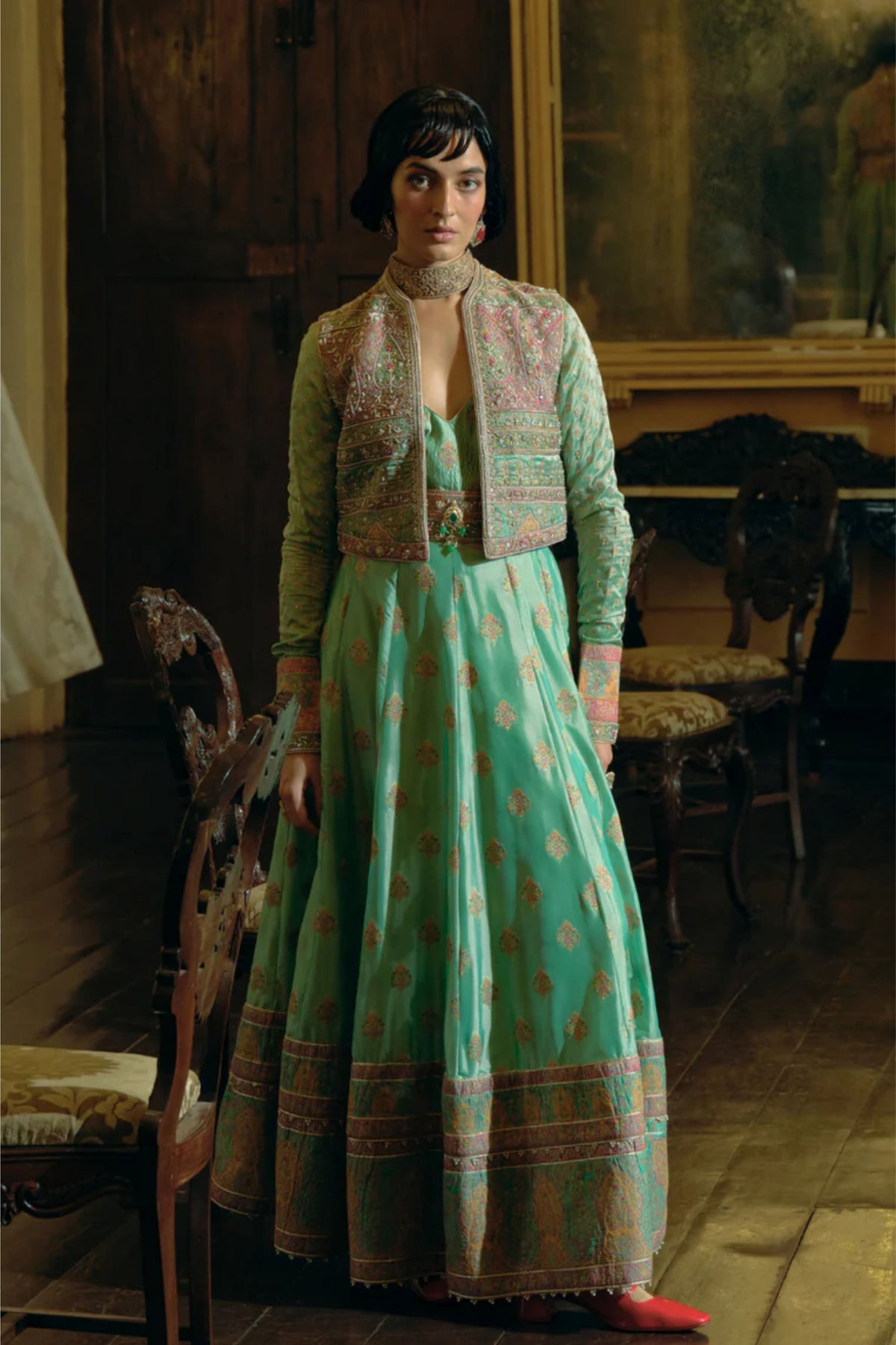 Firozi Green Jacket Set