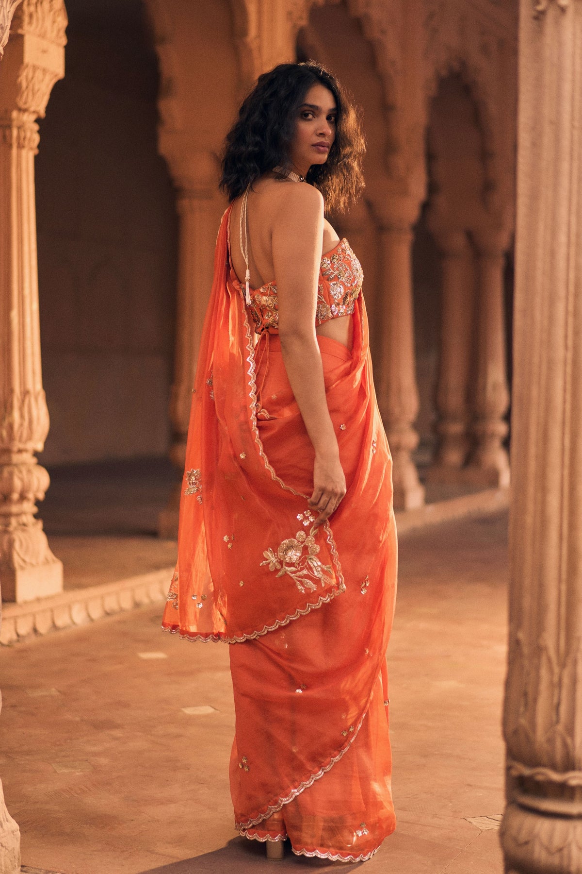 Embroidered Orange Pre-draped Saree Set