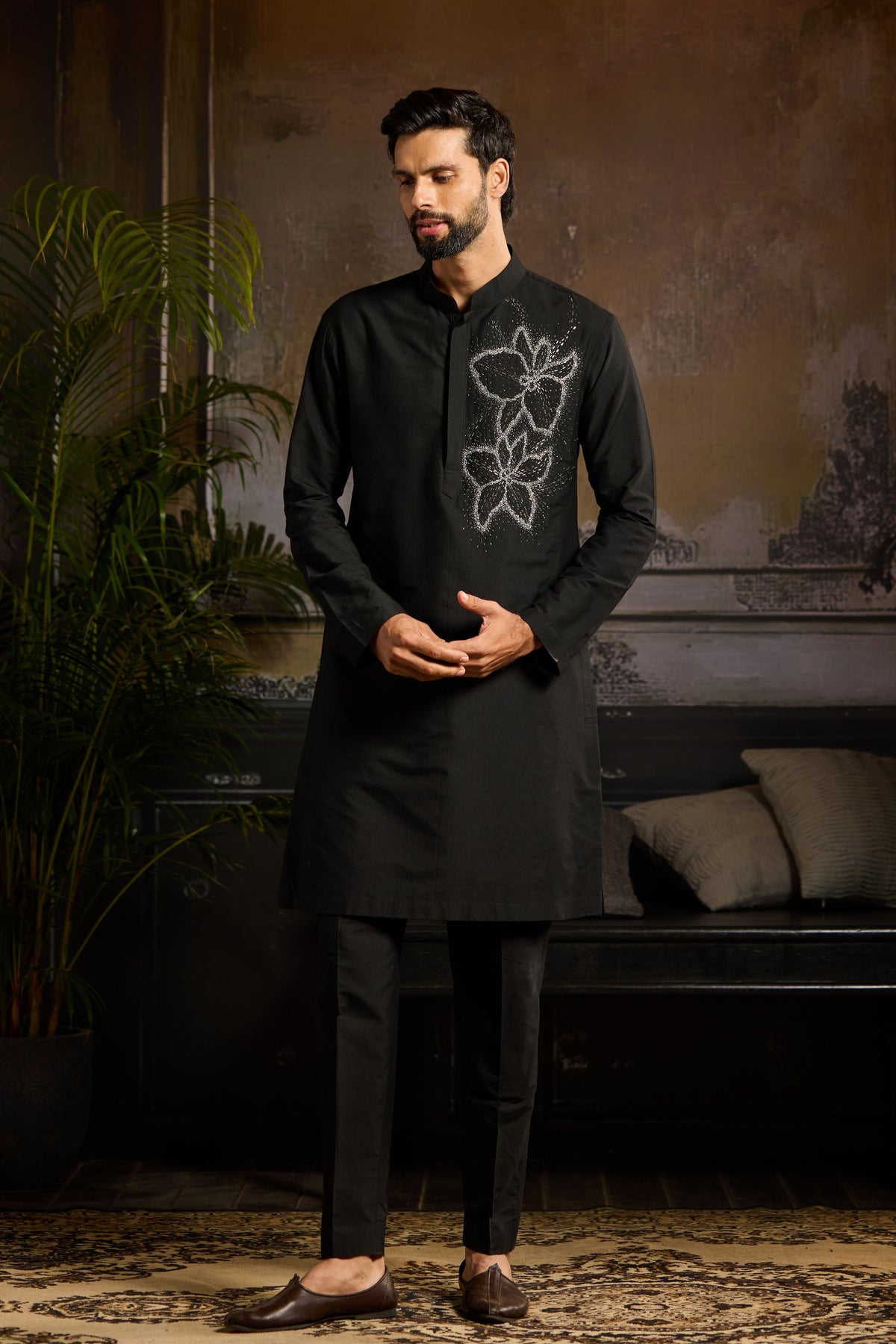 Black With Silver Embroidered Kurta Set