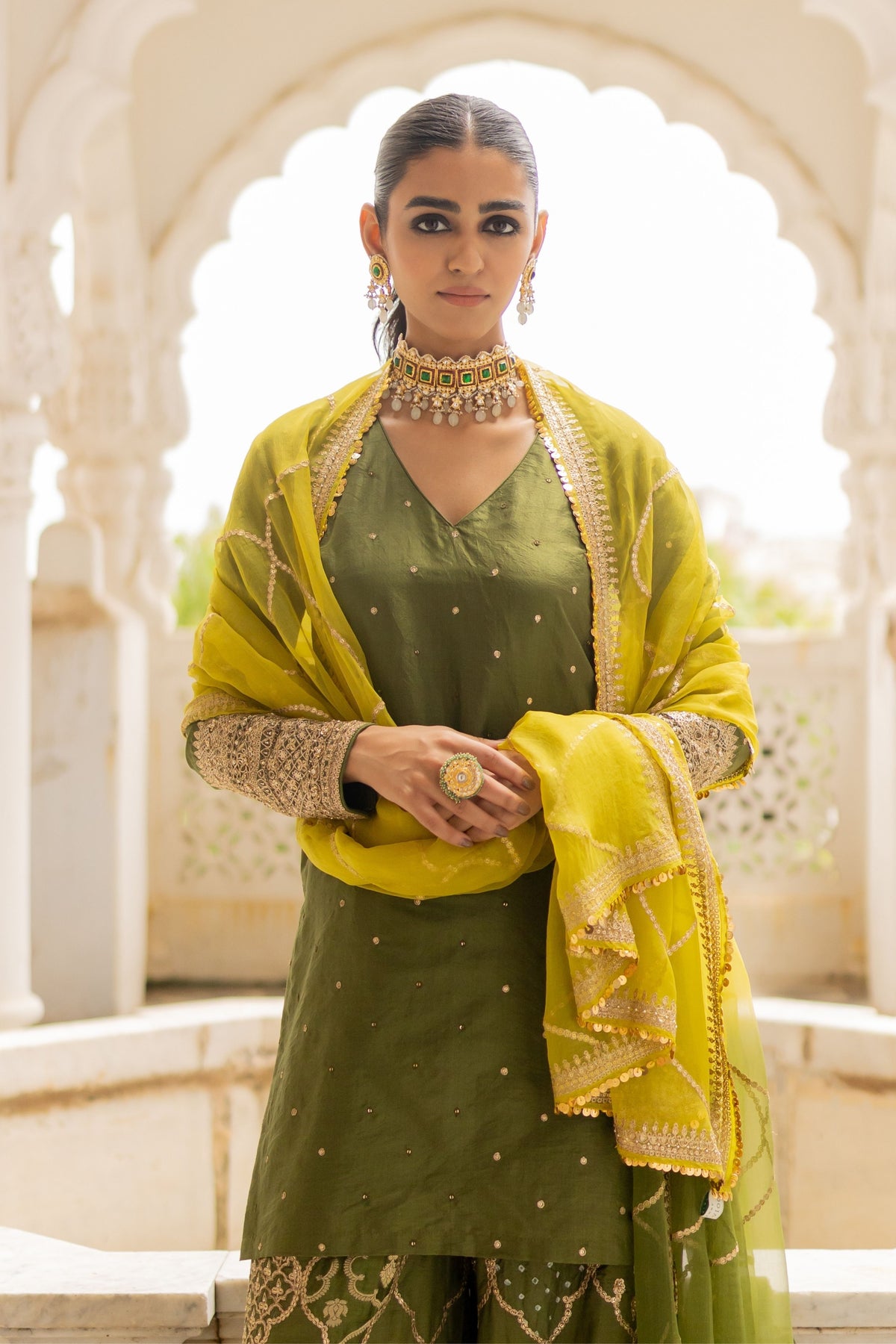 Lime olive Jaal Dupatta