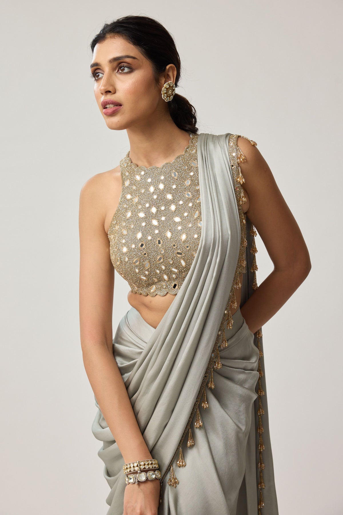 Powder Grey Draped Saree Set
