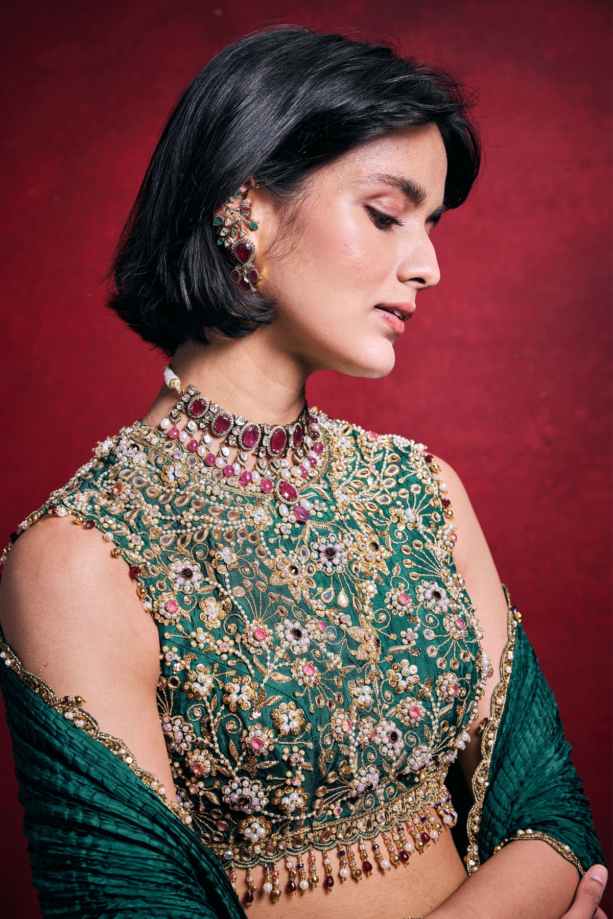 Emerald Green Crushed Lehenga Set