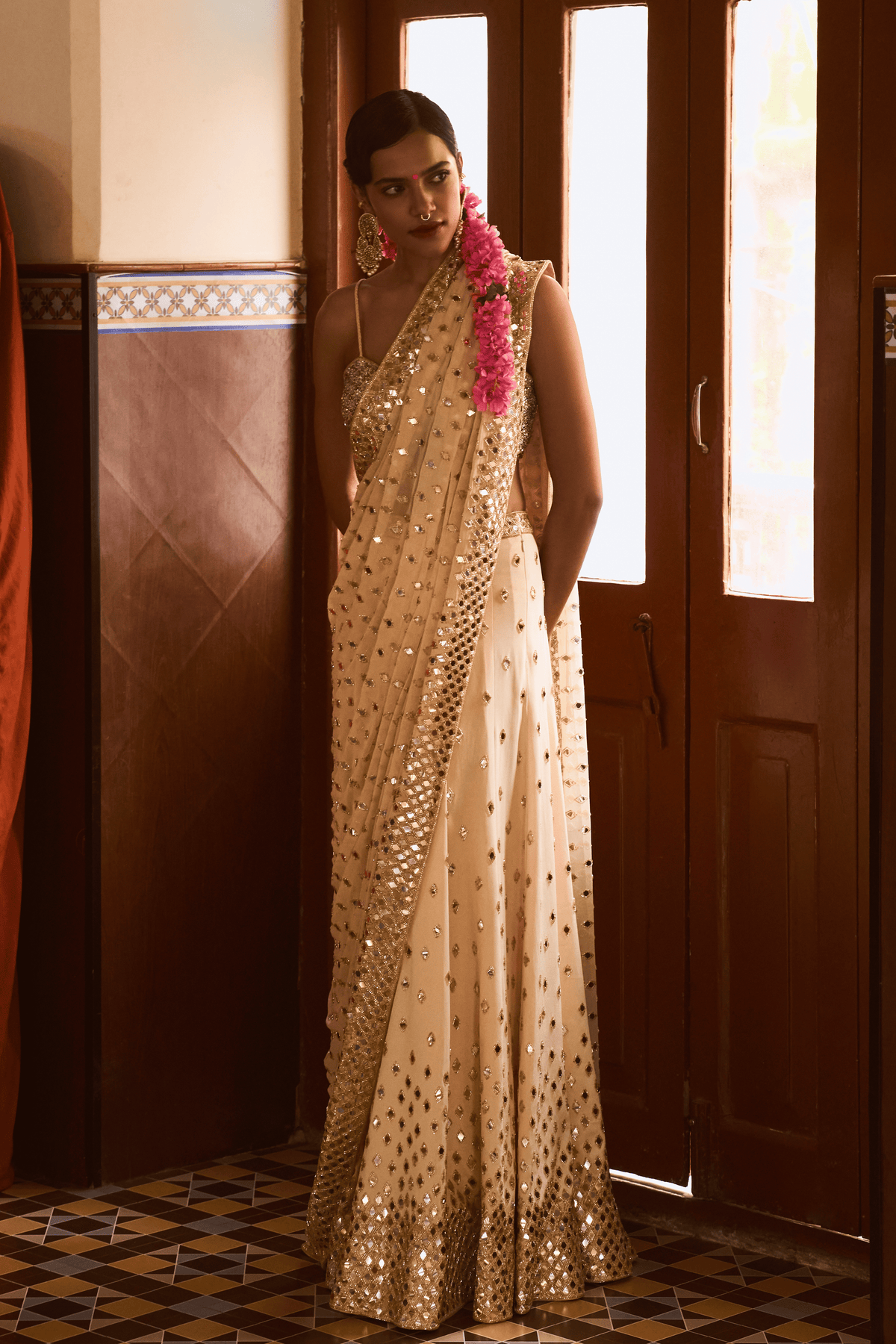 Beige Sequin Lehenga Saree With Blouse