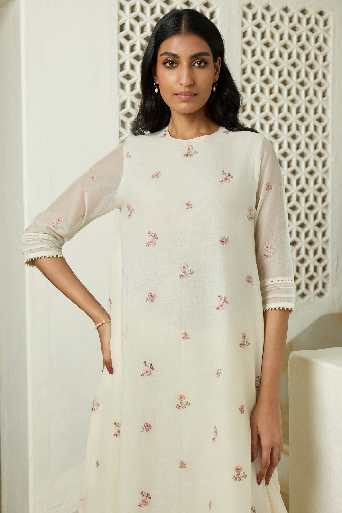 Ivory Floral Embroidered Tunic Set