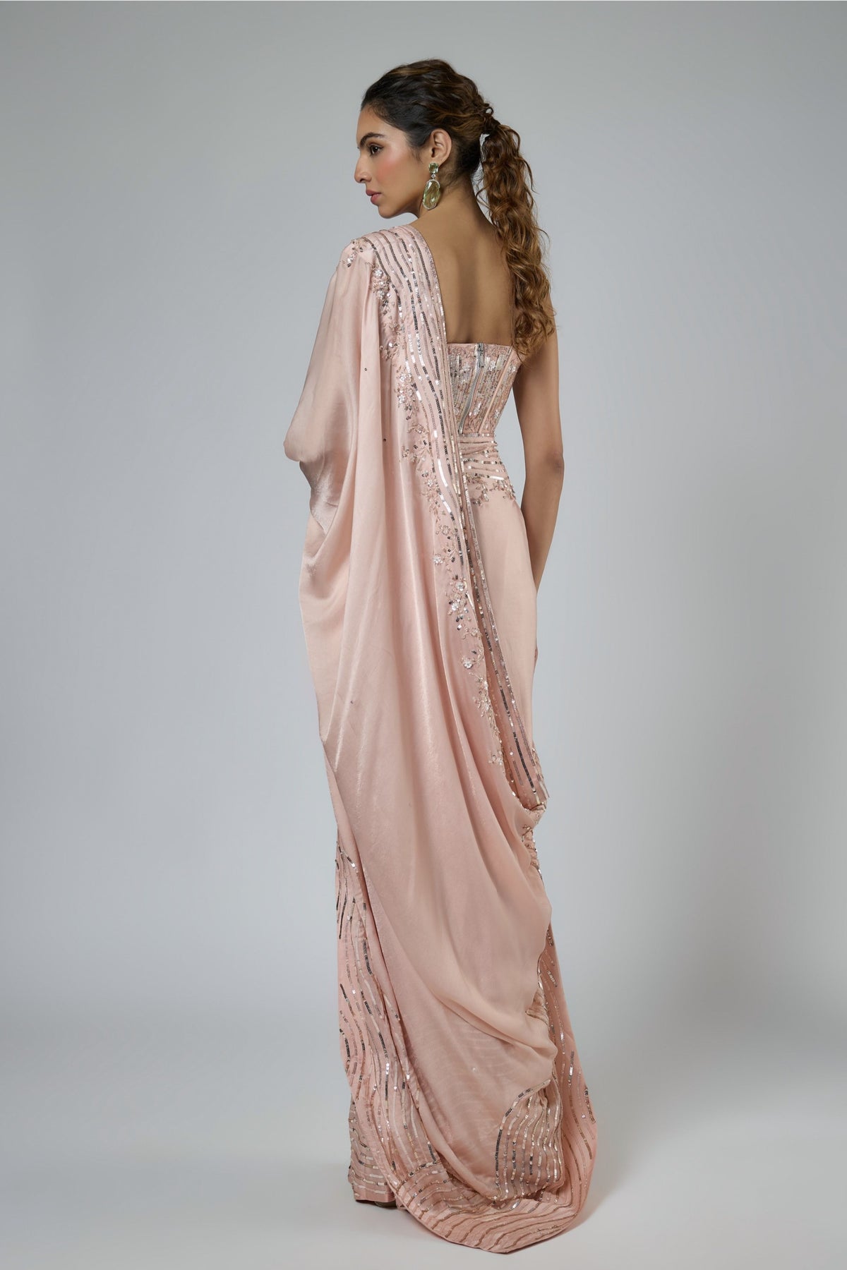 Dark Peach Draped Saree Set