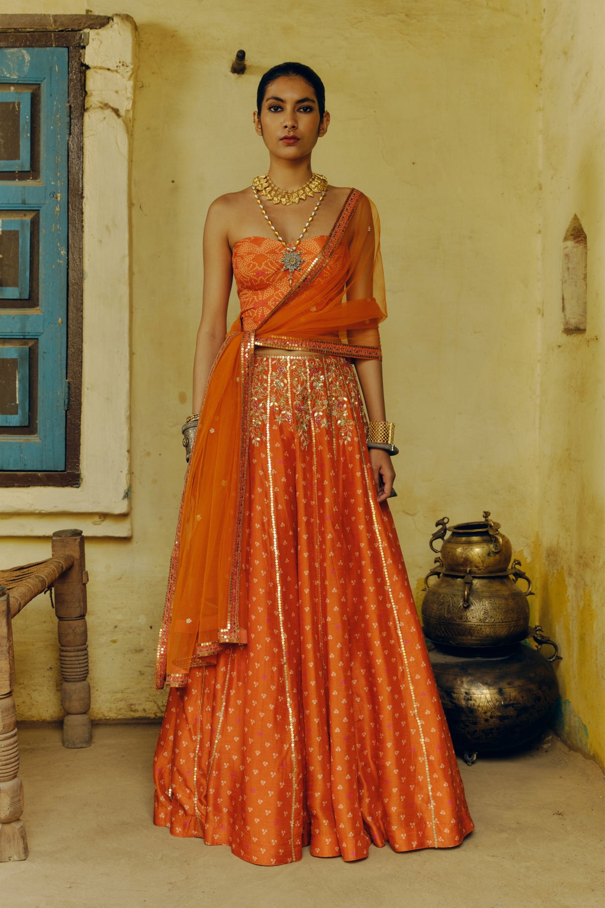 Rust Print Lehenga Set