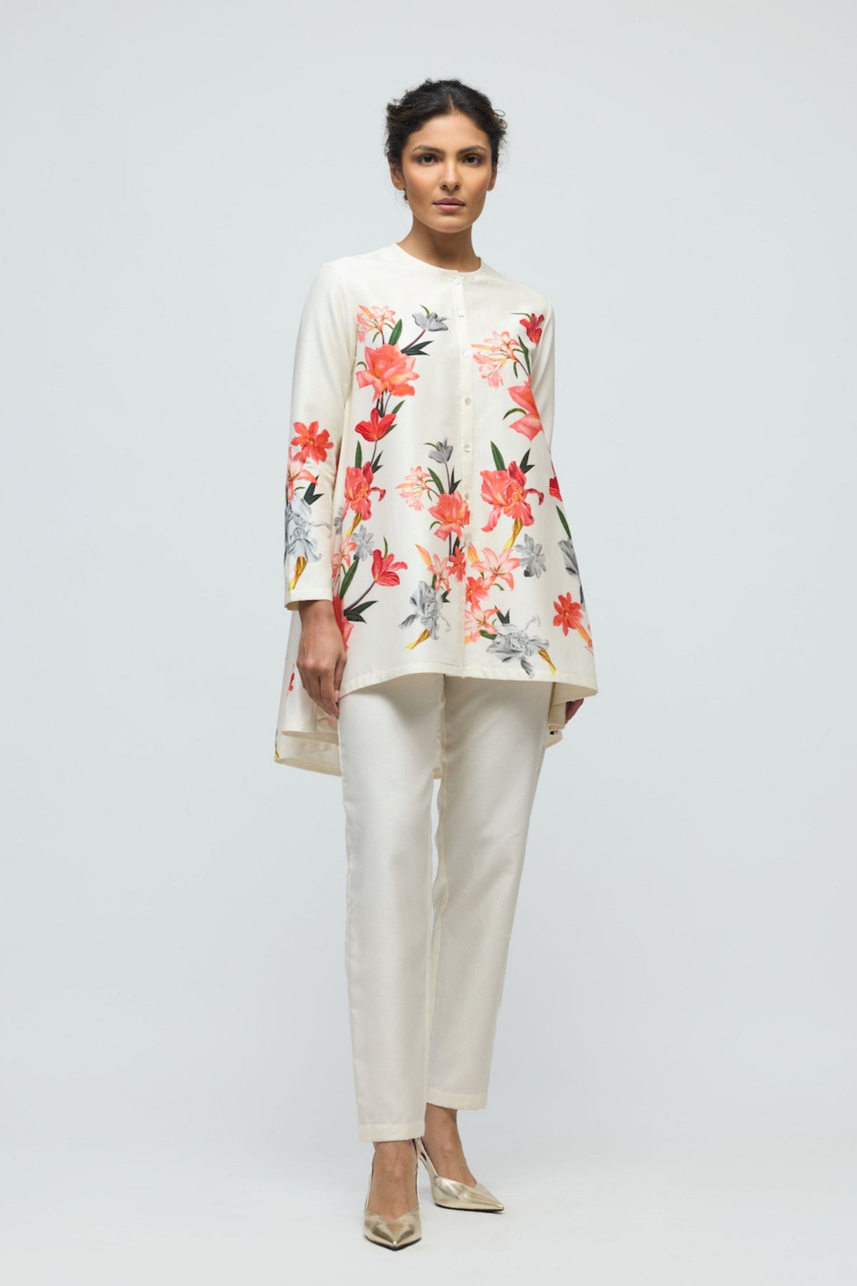 Printed Ivory Chanderi Tunic Set