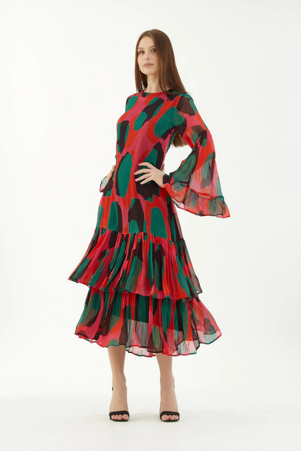 Red, Green And Black Abstract Frill Dress