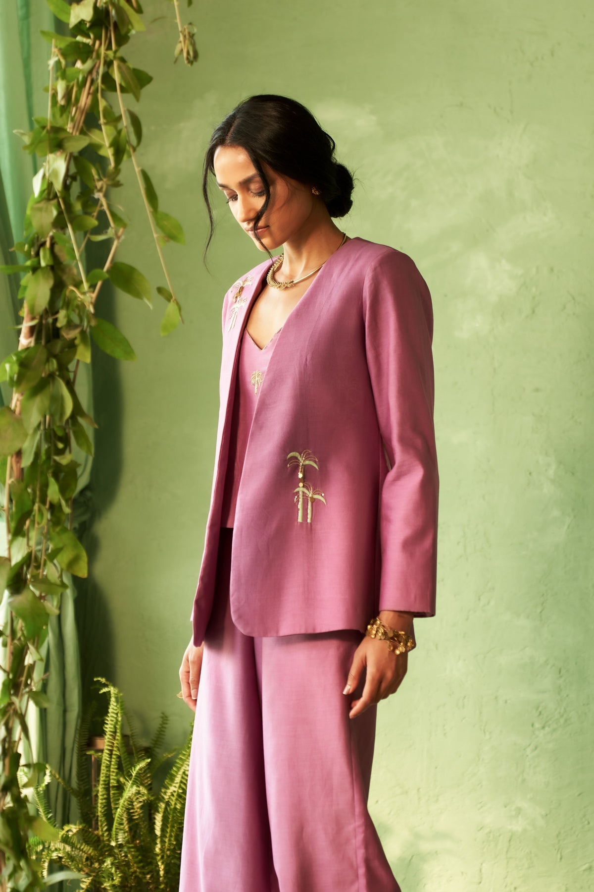 Palm Embroidered Jacket Set
