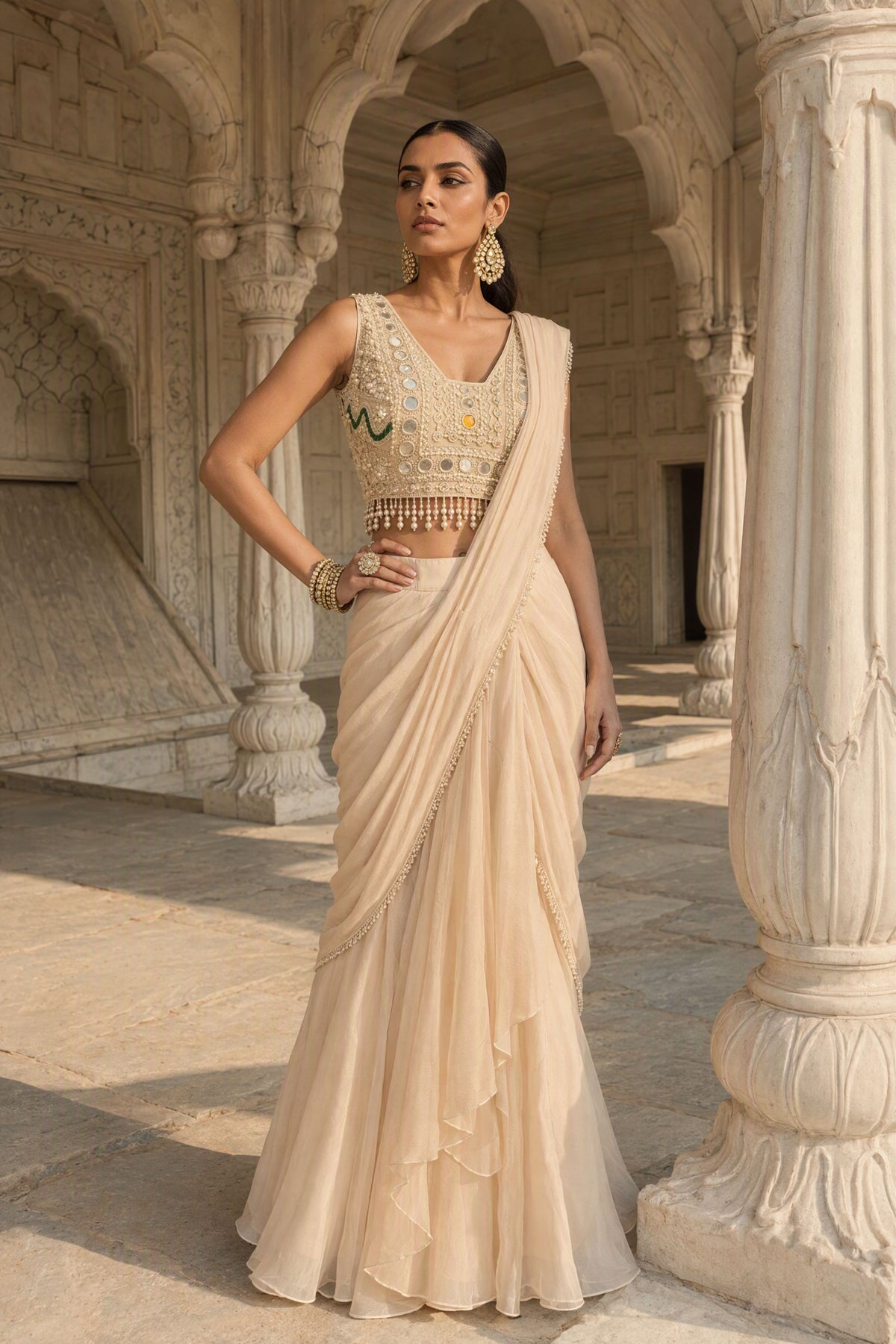 Zari Chaya Draped Saree Set