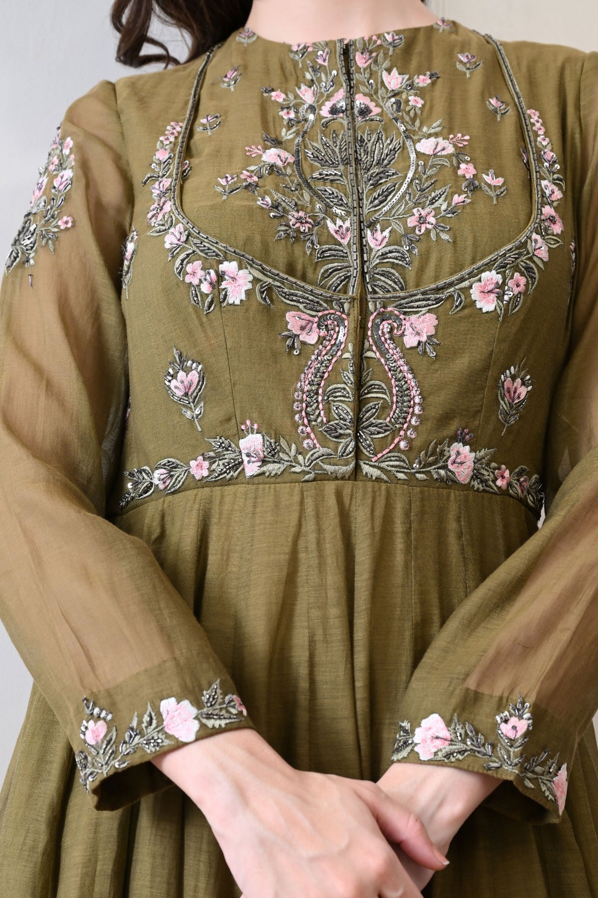Olive Floral Embroidered Anarkali
